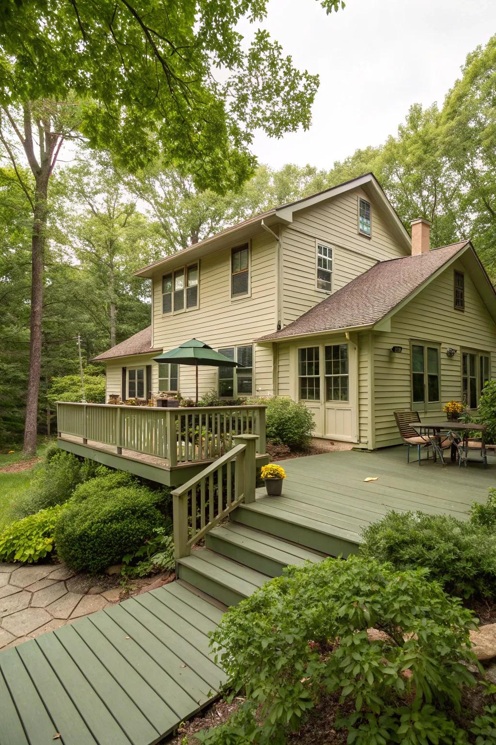 An olive green deck harmonizing with the natural surroundings.