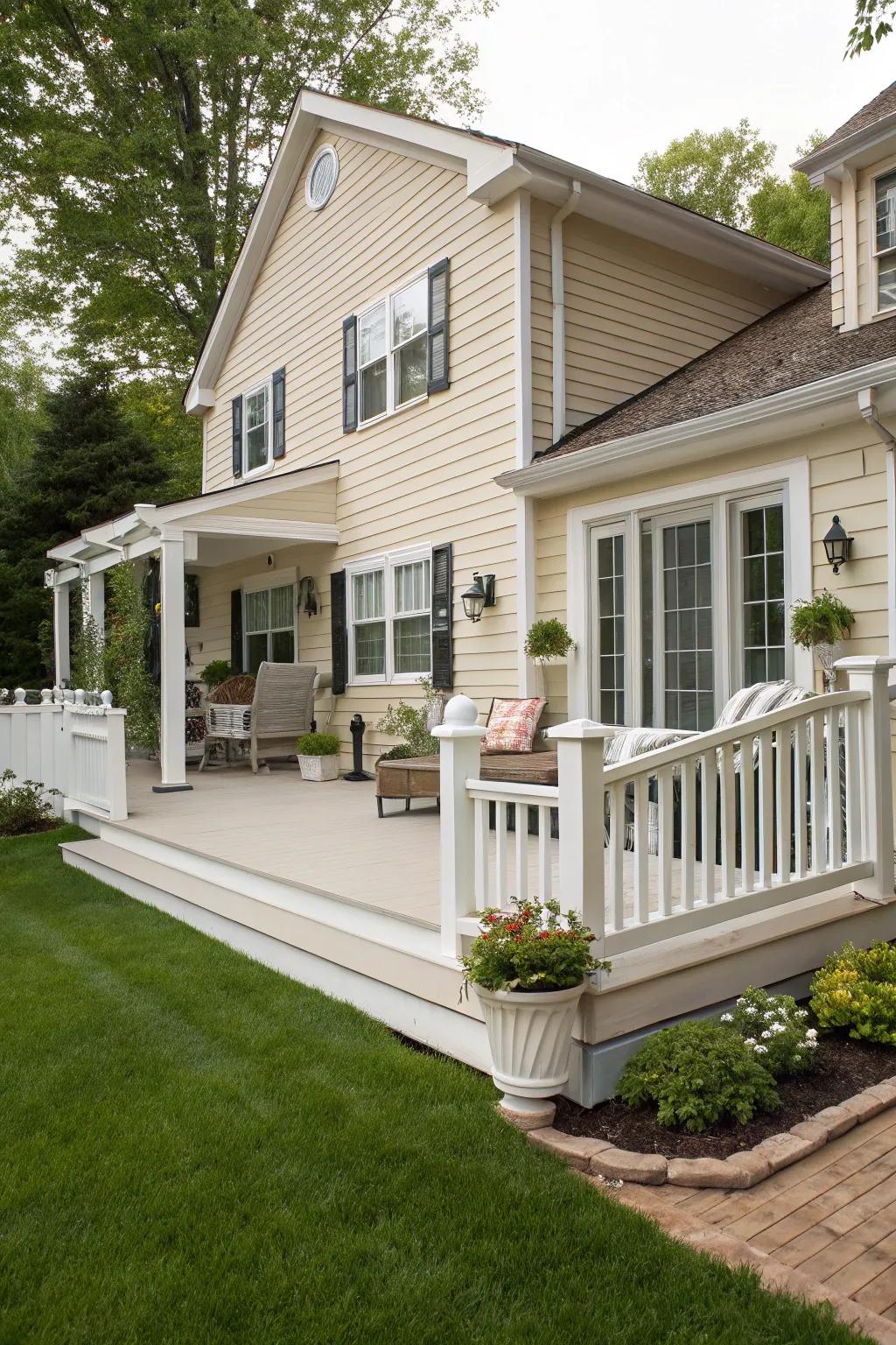 A white deck providing a pristine look to a beige home.