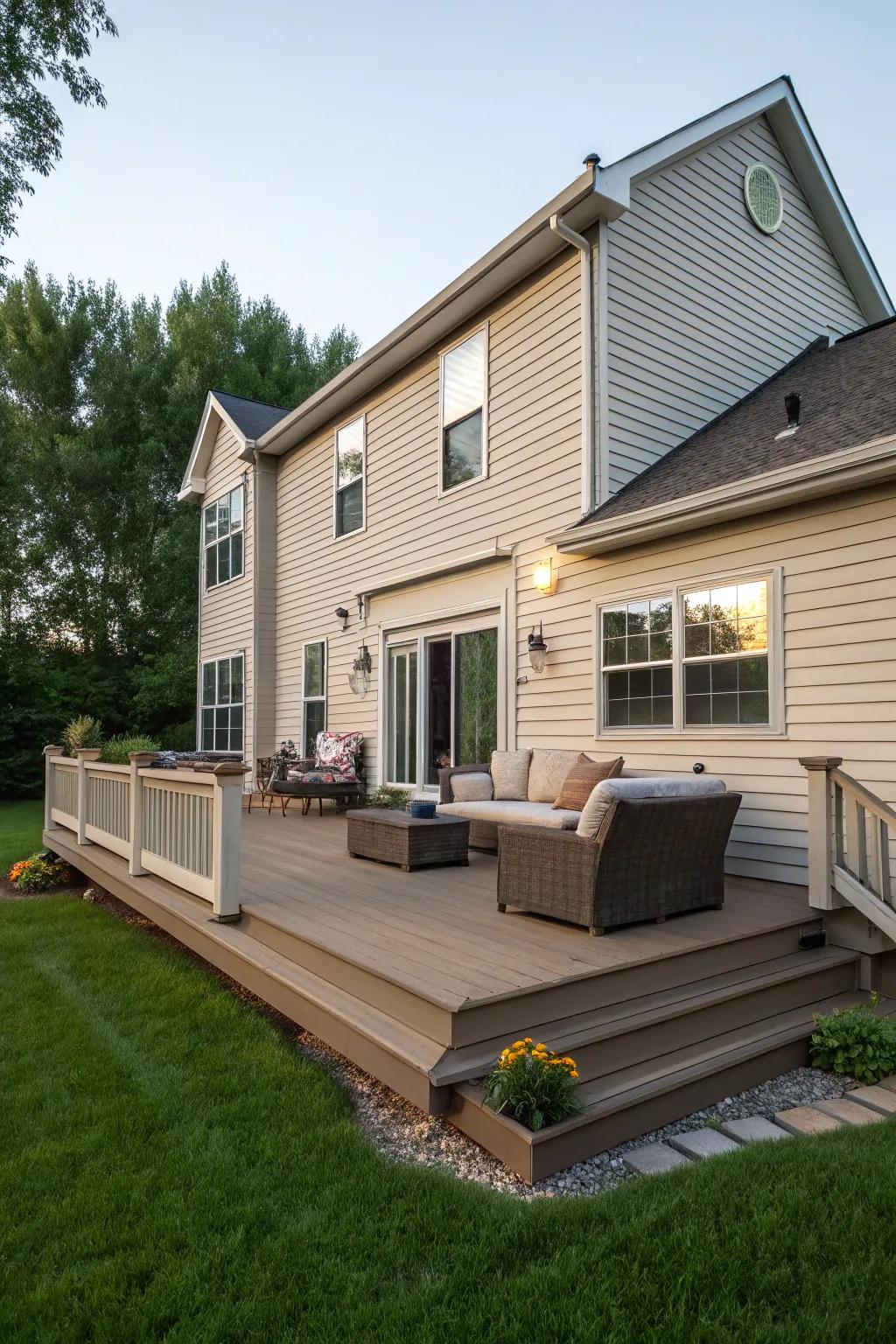 A taupe deck creating a cozy atmosphere for a beige home.