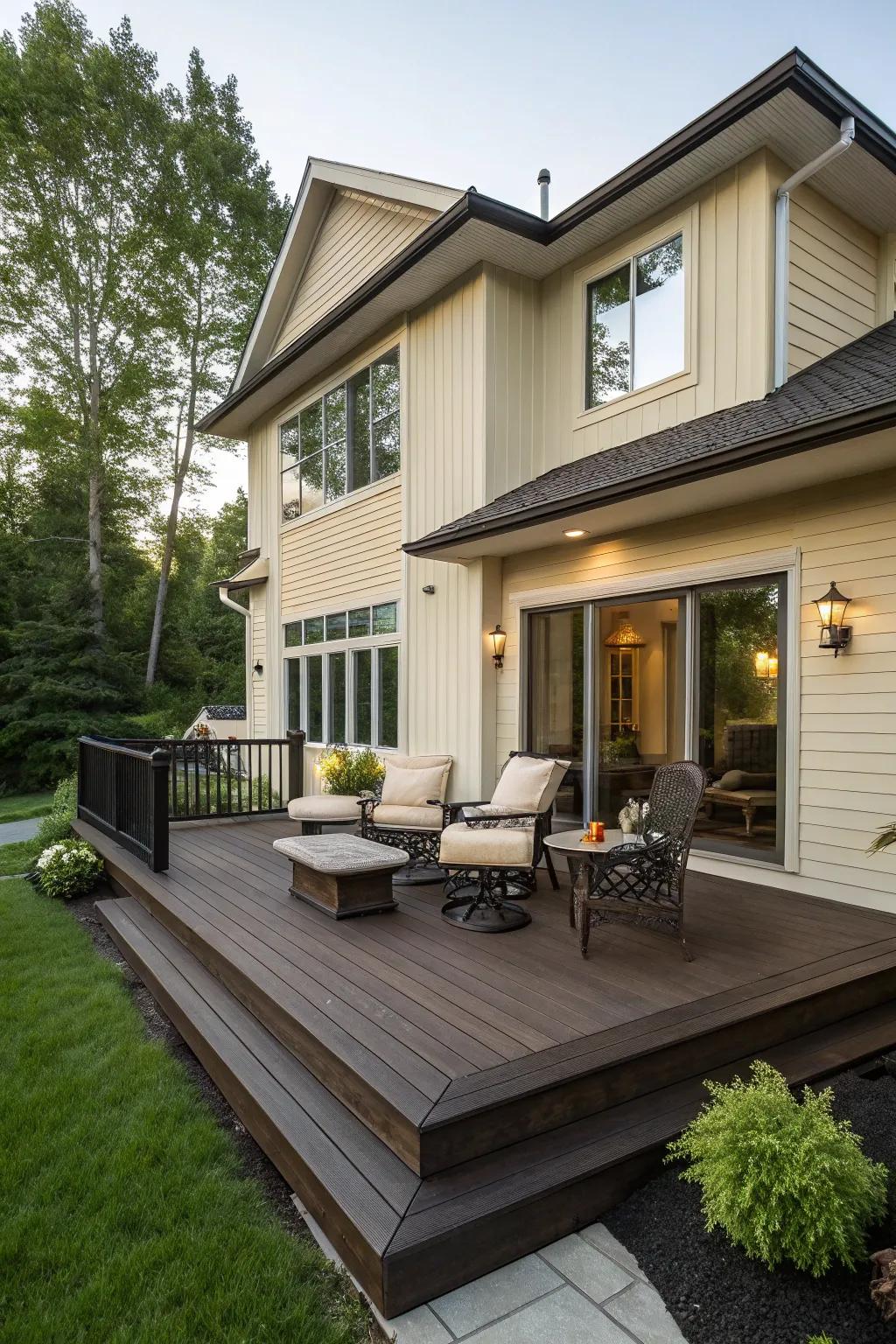 An espresso deck providing a striking contrast to a beige home.