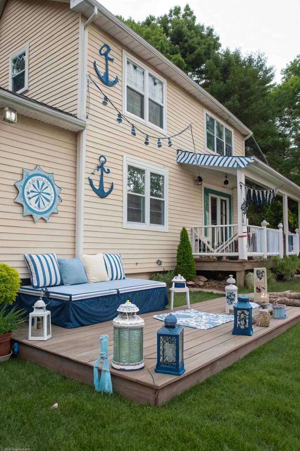 A coastal blue deck bringing a fresh vibe to a beige house.