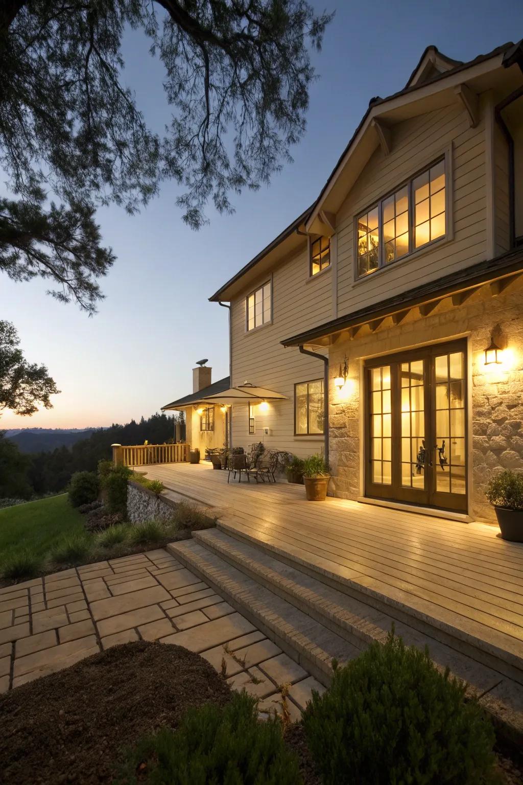 A sandstone deck blending softly with a beige exterior.
