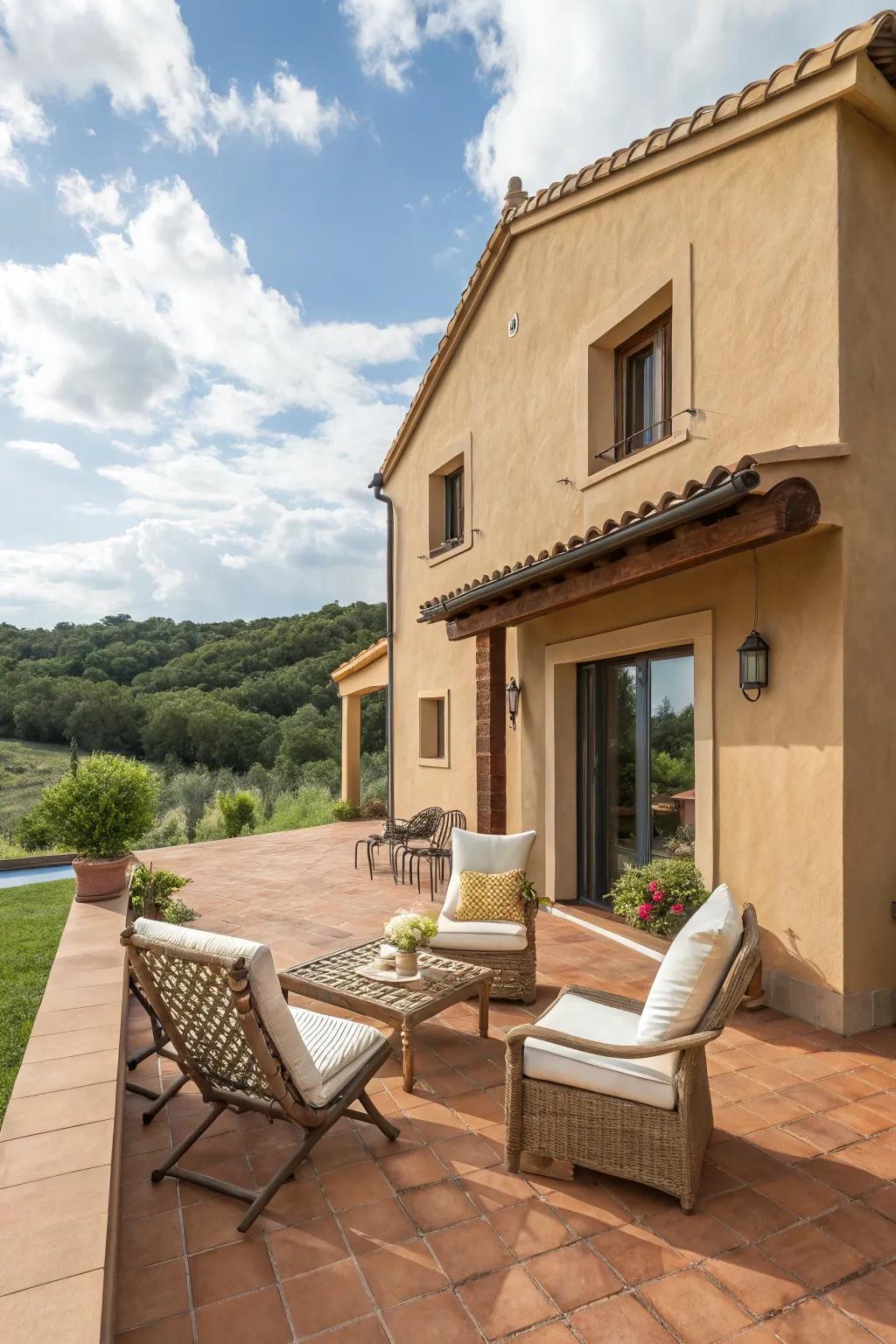 A terracotta deck adding warmth and charm to a beige house.