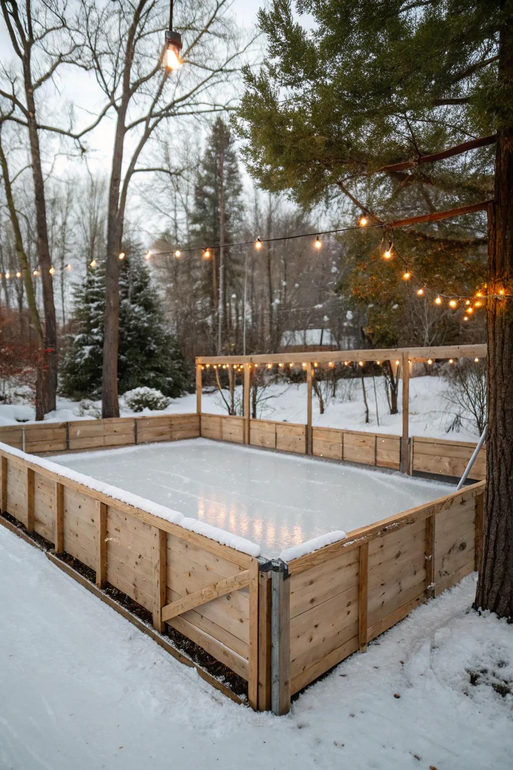 A DIY wooden frame rink nestled in a serene winter setting.