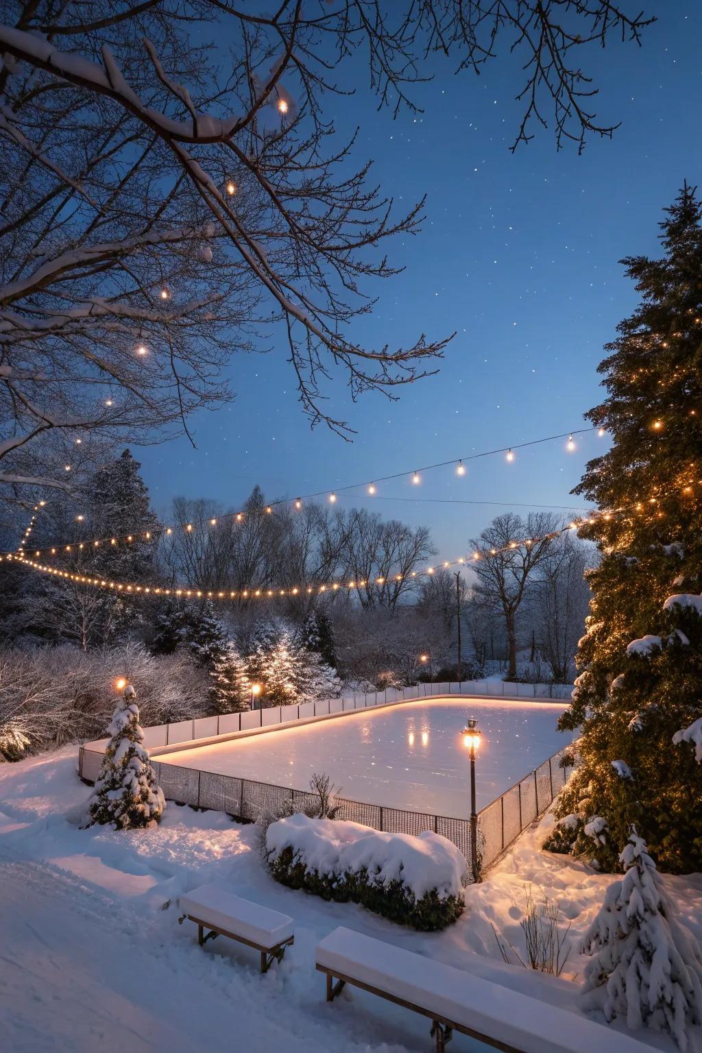 String lights add a magical glow to this backyard rink.