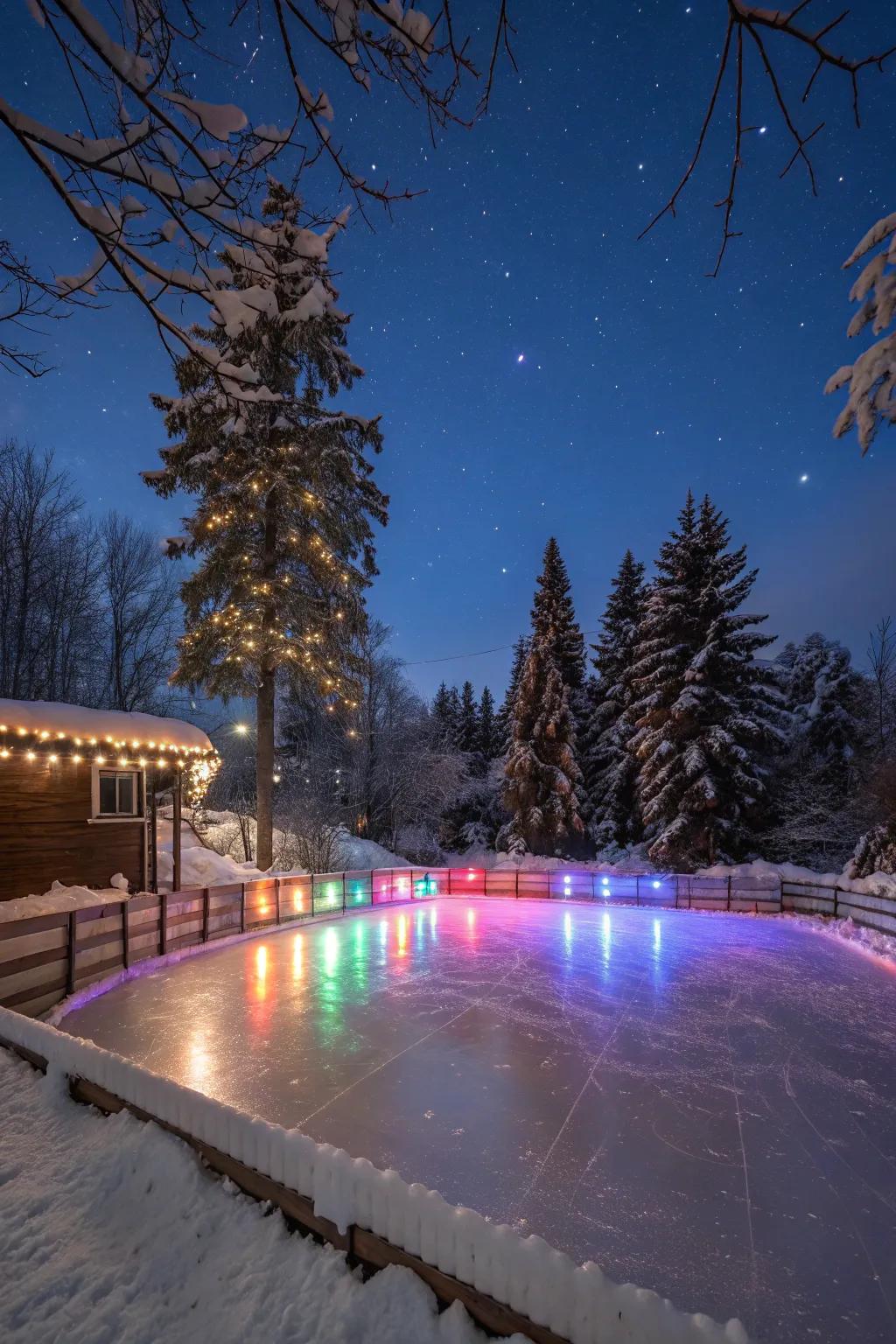 Colorful LEDs transform the rink into a lively winter wonderland.