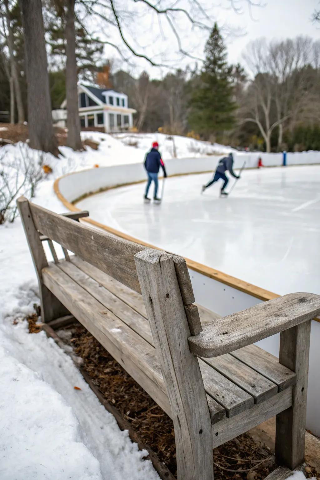 A DIY bench area offers a cozy spot for skaters to get ready.