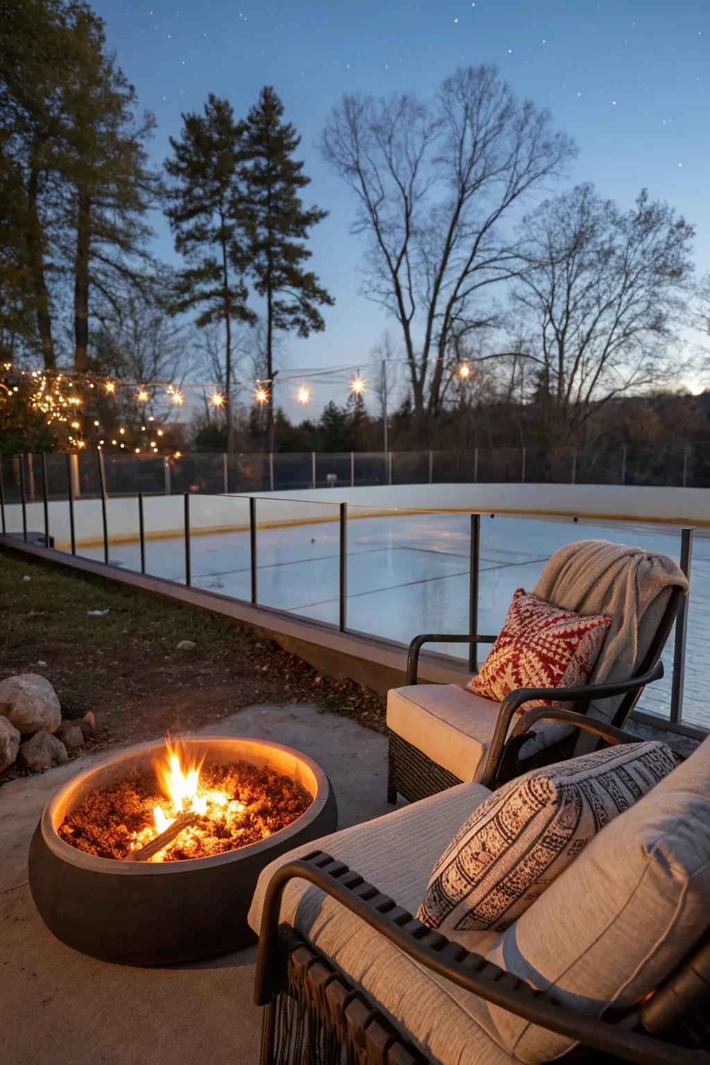 A fire pit creates a warm gathering spot by the rink.