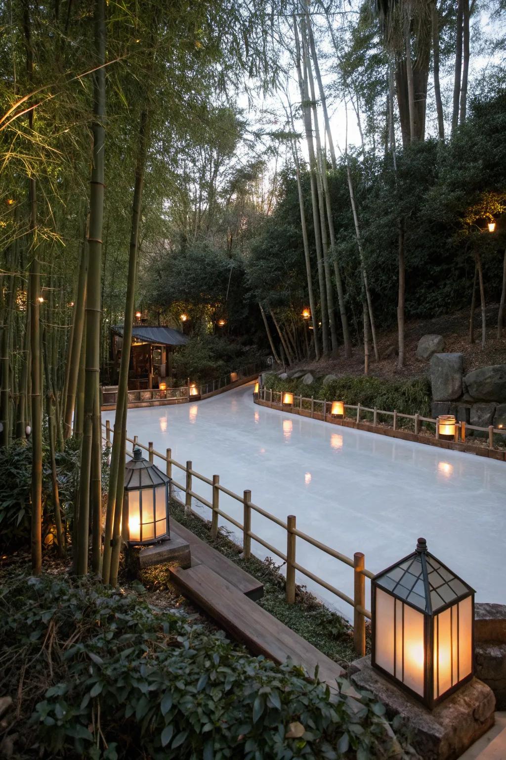 A zen garden rink provides a peaceful ice skating retreat.