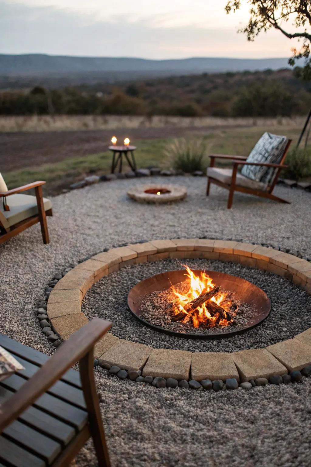 A fire pit nestled in pea gravel creates cozy outdoor vibes.