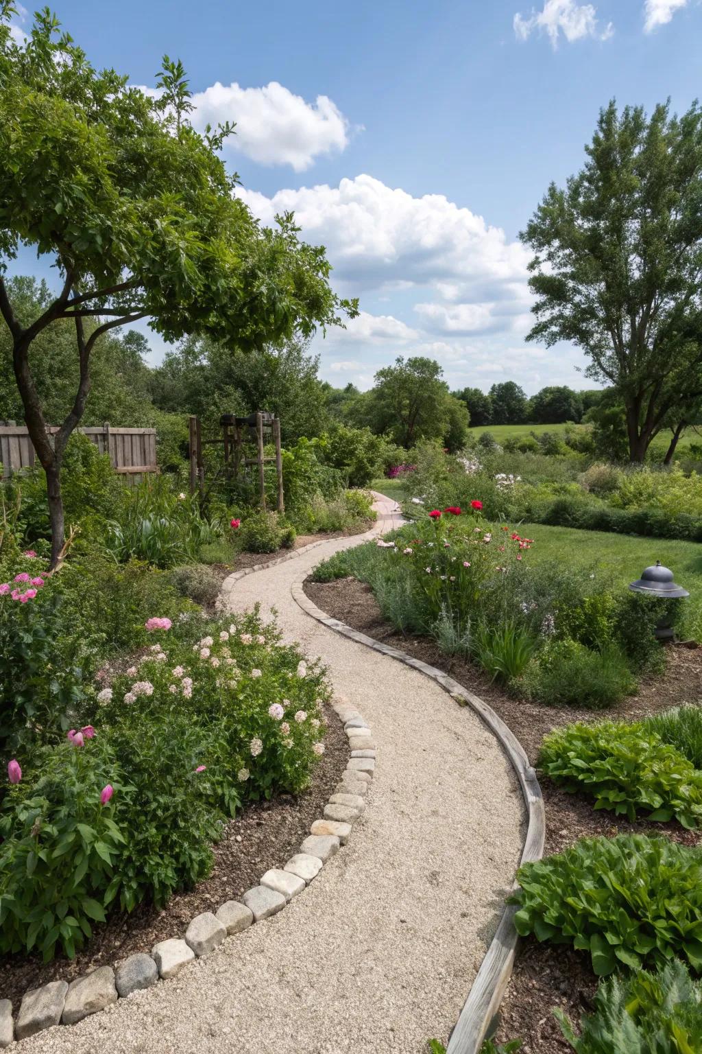 Pea gravel pathways add charm and functionality for pet exploration.
