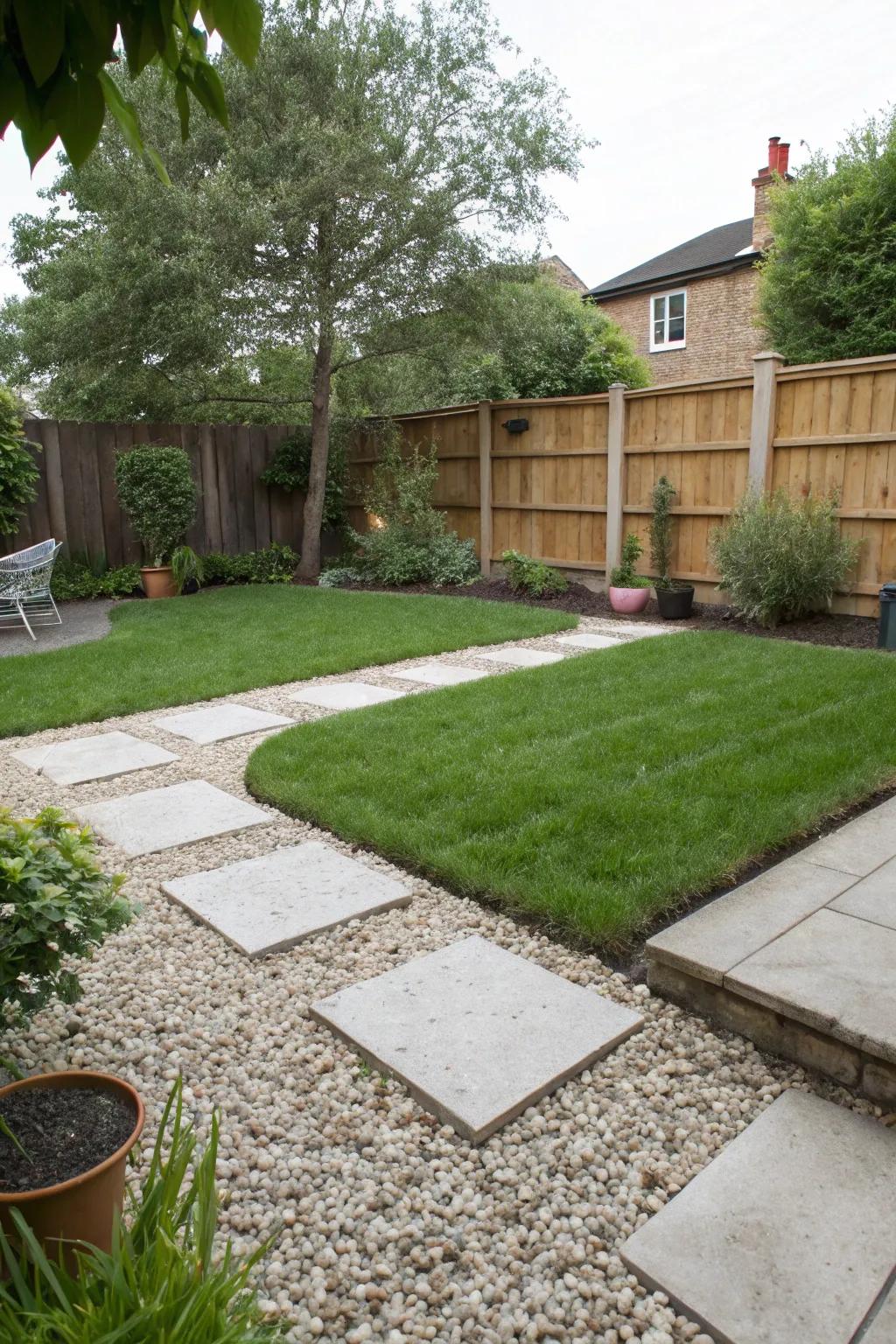 Alternating pea gravel and grass provides diverse play zones.