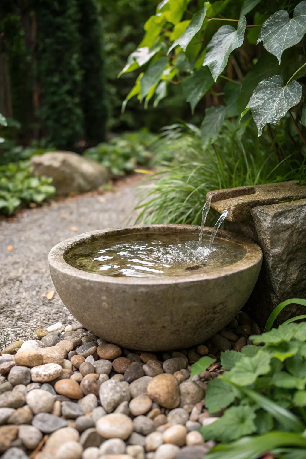A dog-friendly water feature nestled on pea gravel.