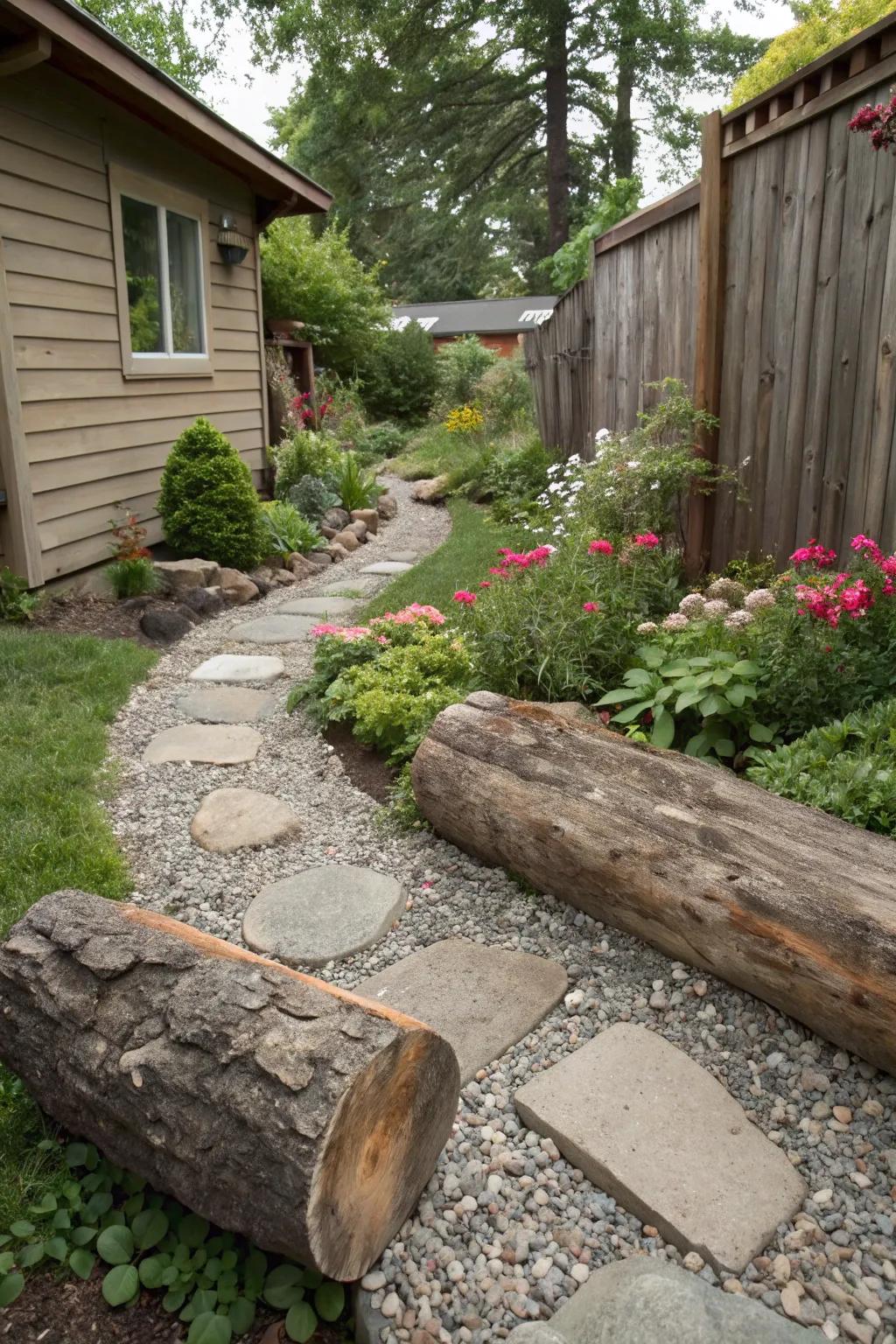 Natural stones and logs bring rustic appeal to pea gravel areas.