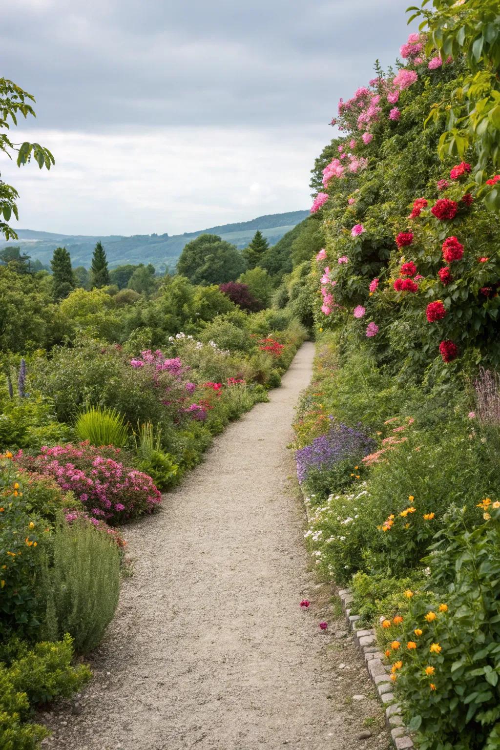 Flower borders add color and softness alongside pea gravel paths.