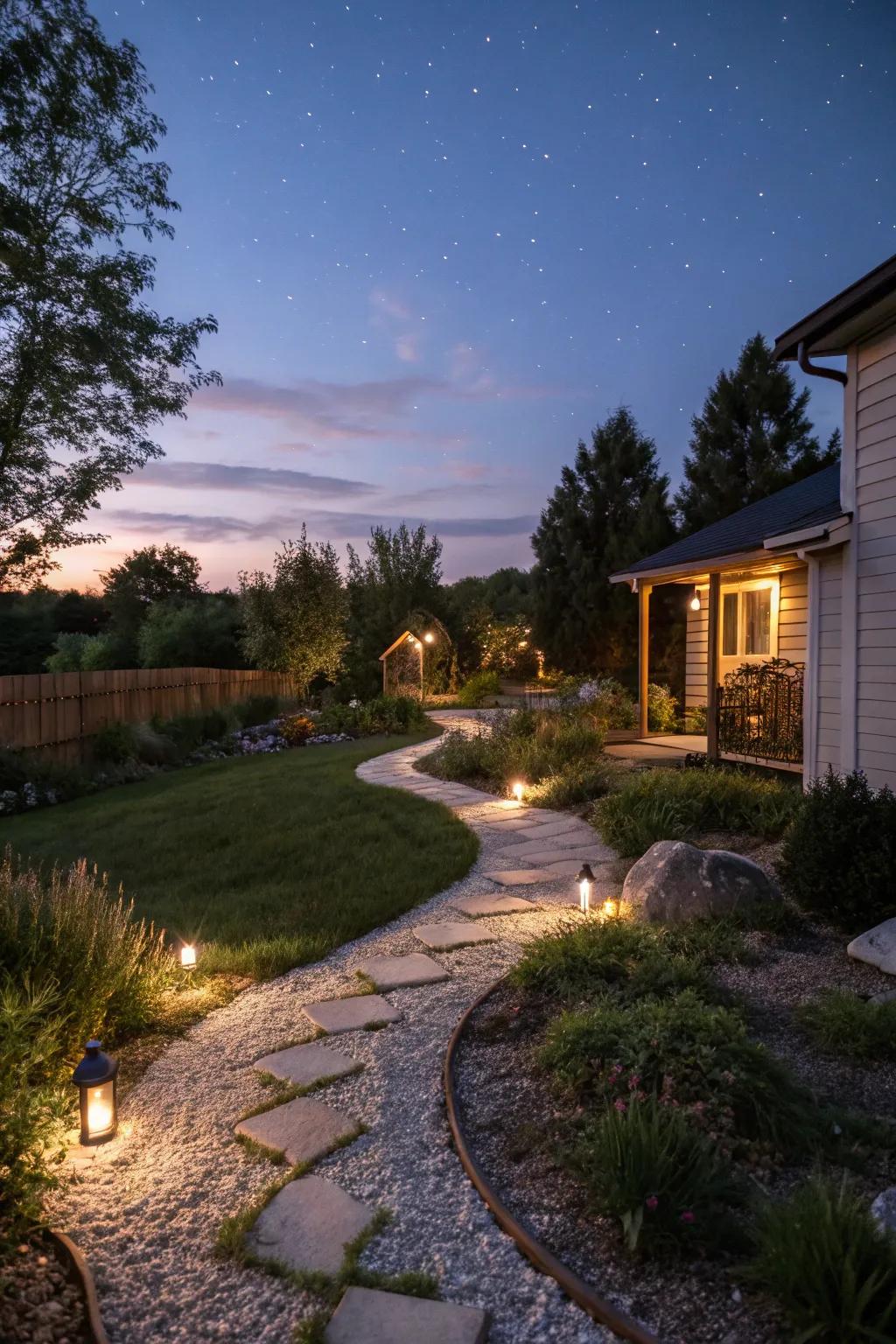 Solar lights brighten pea gravel paths sustainably.