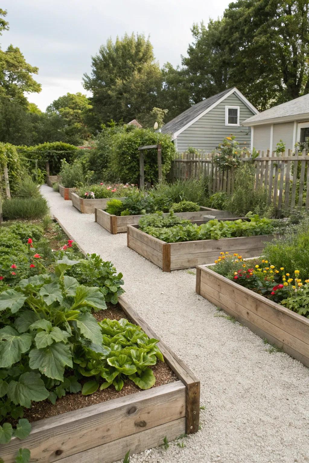 Raised beds framed by pea gravel improve garden utility and aesthetics.