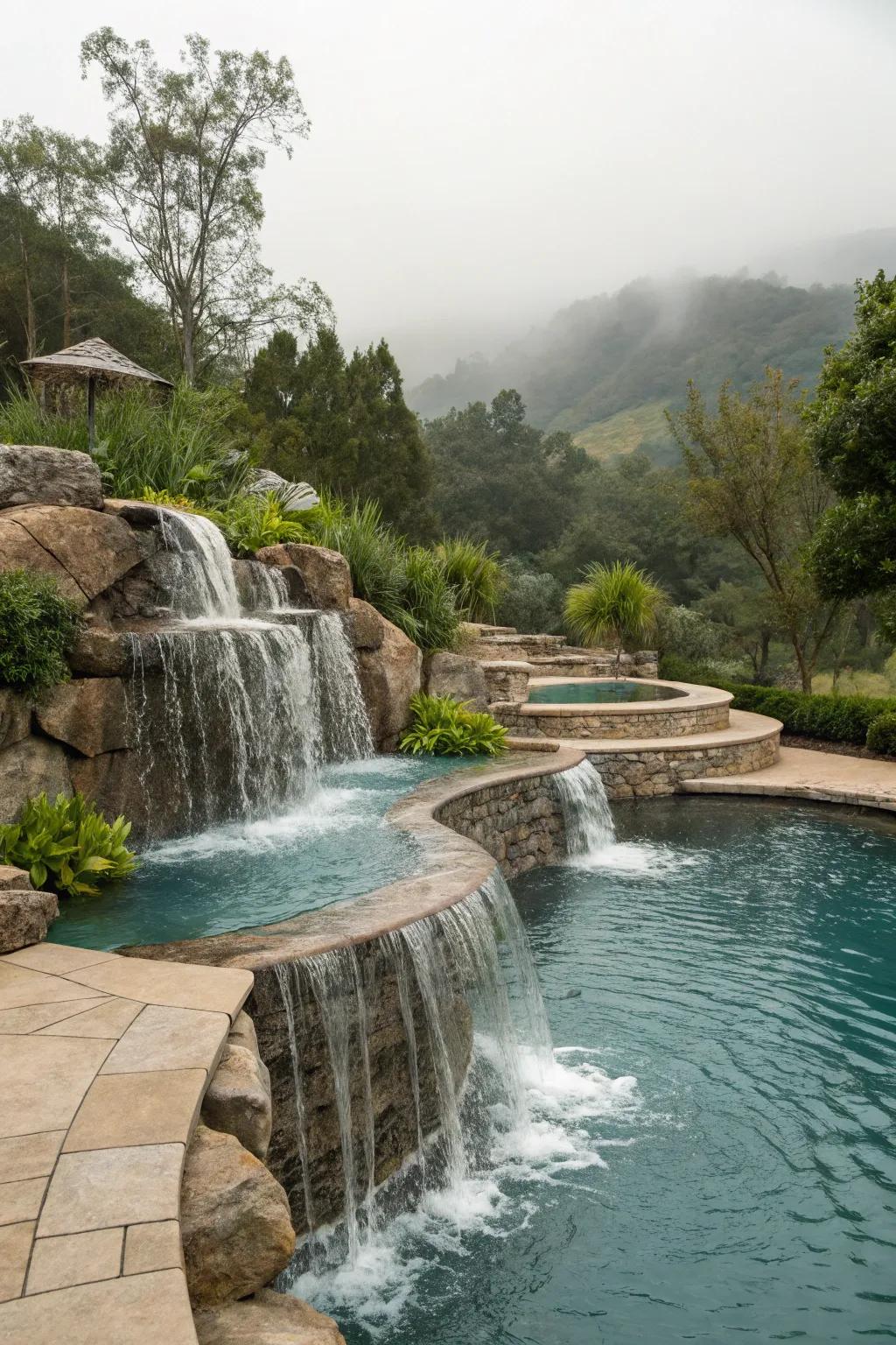 Tiered waterfalls offer a grand, cascading display.