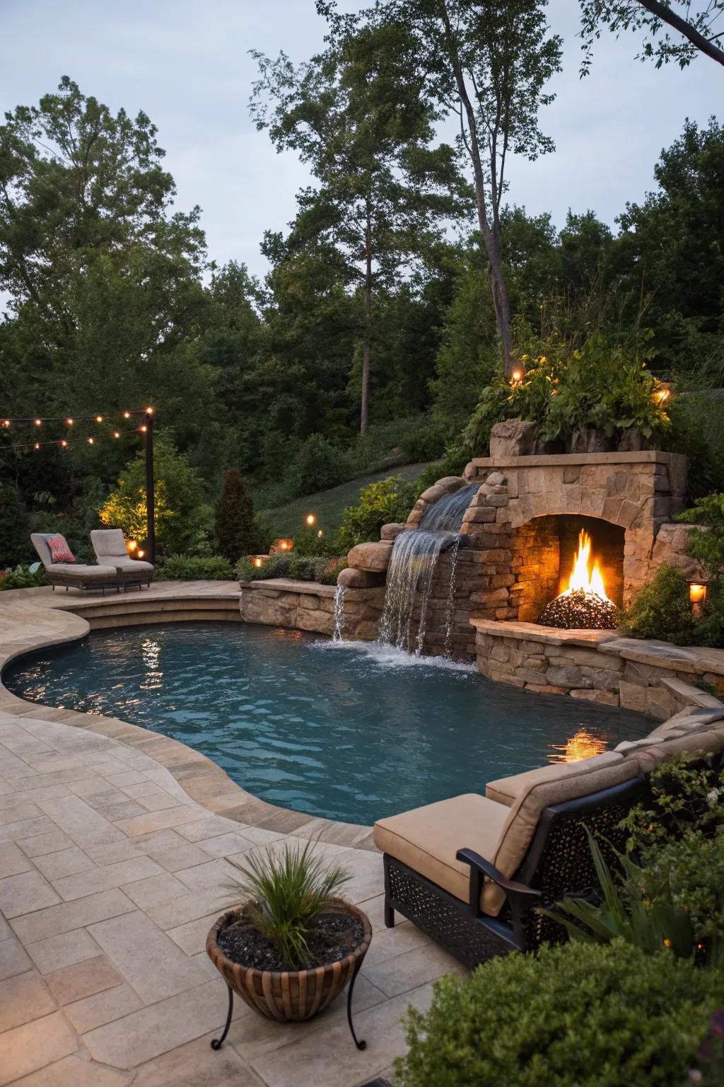 The captivating blend of fire and water adds drama to any pool setting.