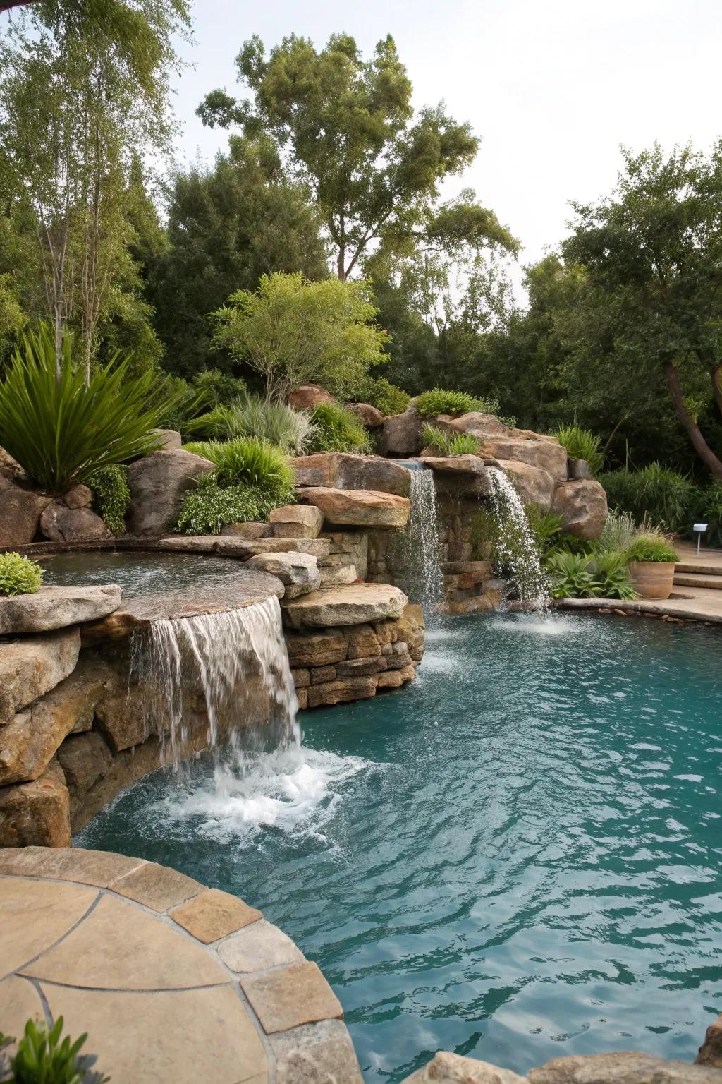 A natural stone waterfall seamlessly blends with its surroundings.