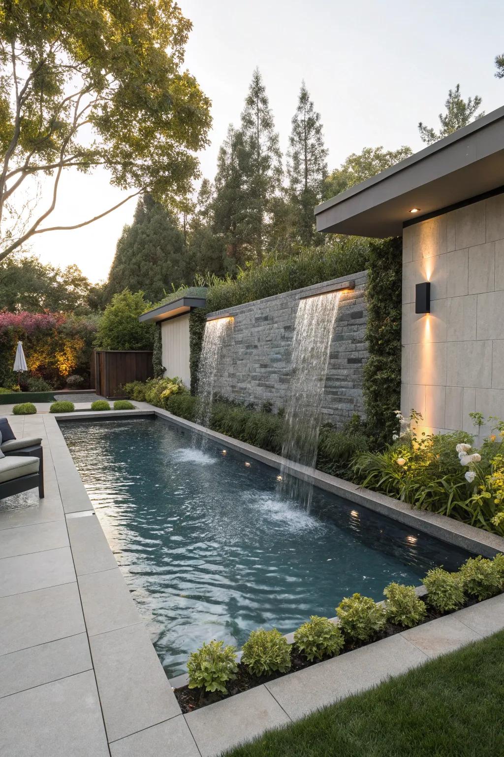 Water walls add a vertical, spa-like touch to pools.