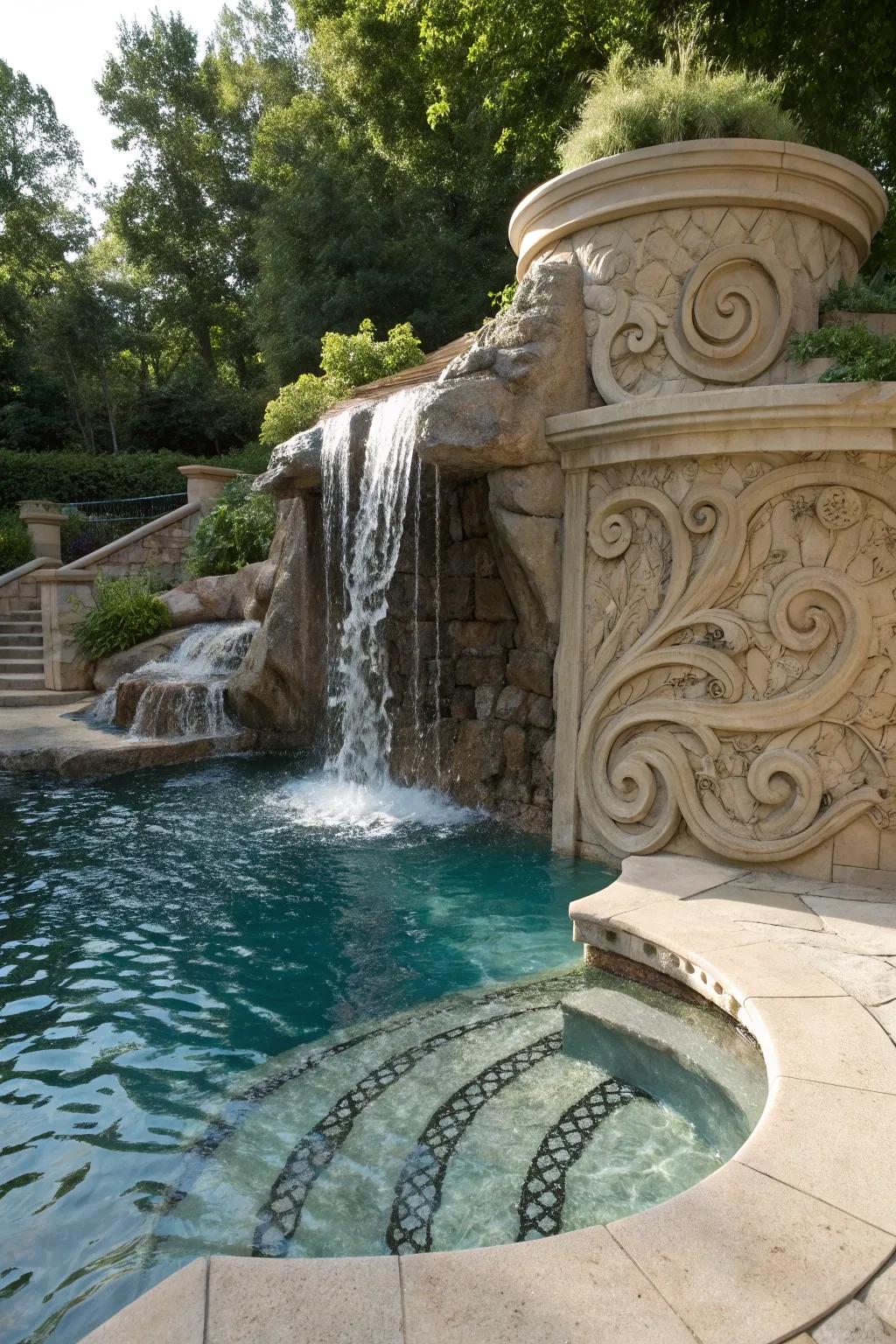 Custom sculpted waterfalls showcase unique artistic vision.