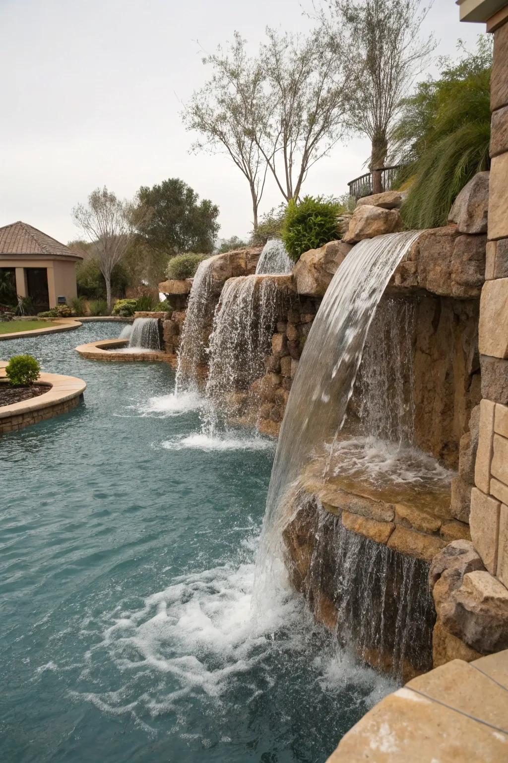 Multiple waterfalls create dynamic movement and visual interest.