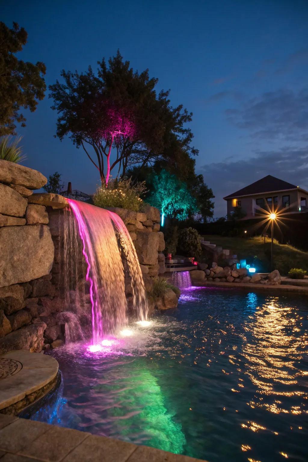 LED lighting turns your waterfall into a nighttime spectacle.