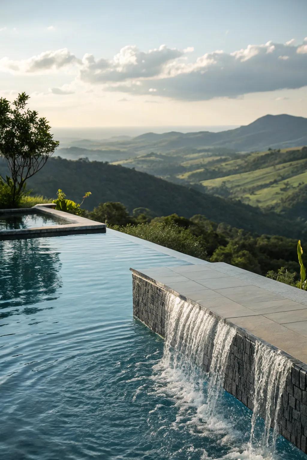 Infinity edge waterfalls create a seamless horizon effect.