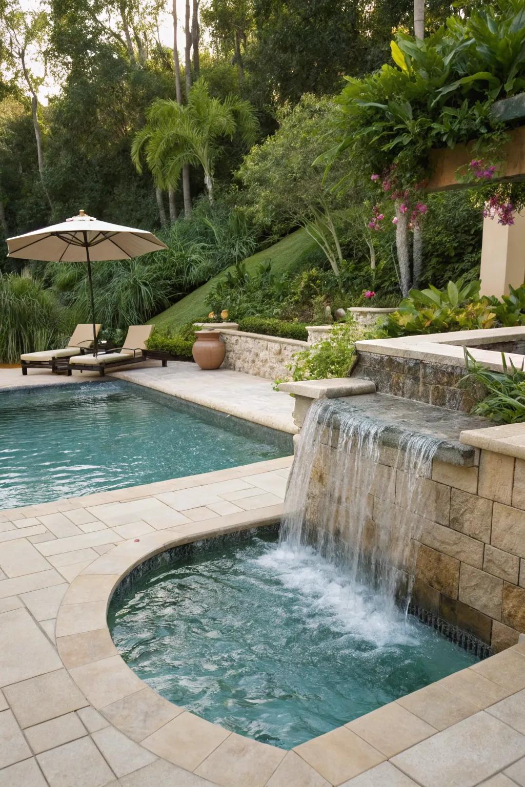 A spa with a waterfall provides a tranquil retreat.