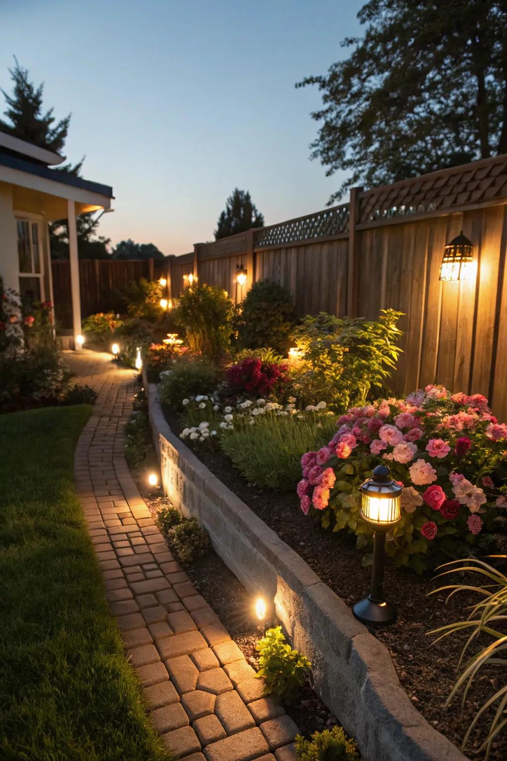 Solar lights create a magical garden glow at night.