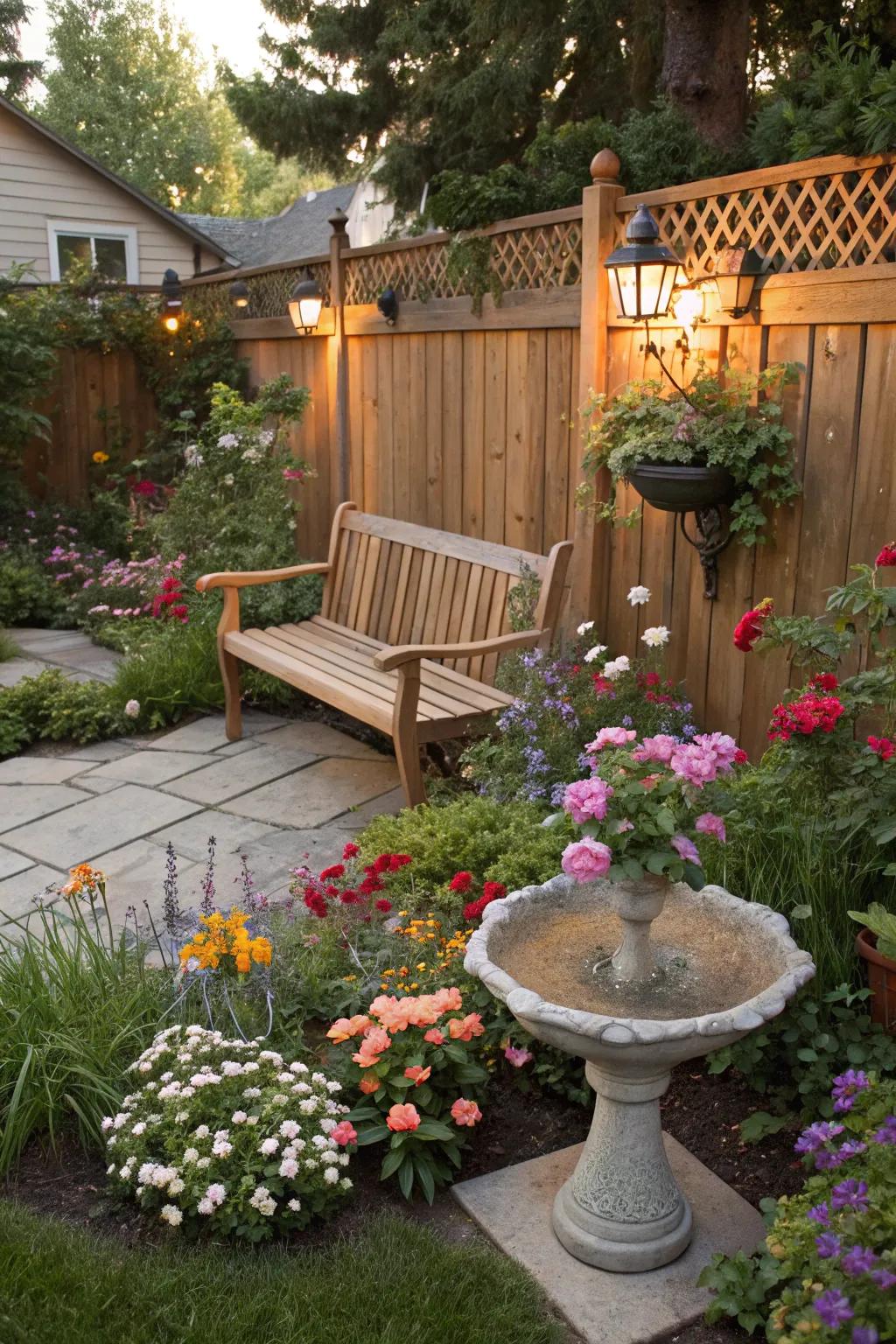 A cozy garden retreat with a wooden bench and birdbath.