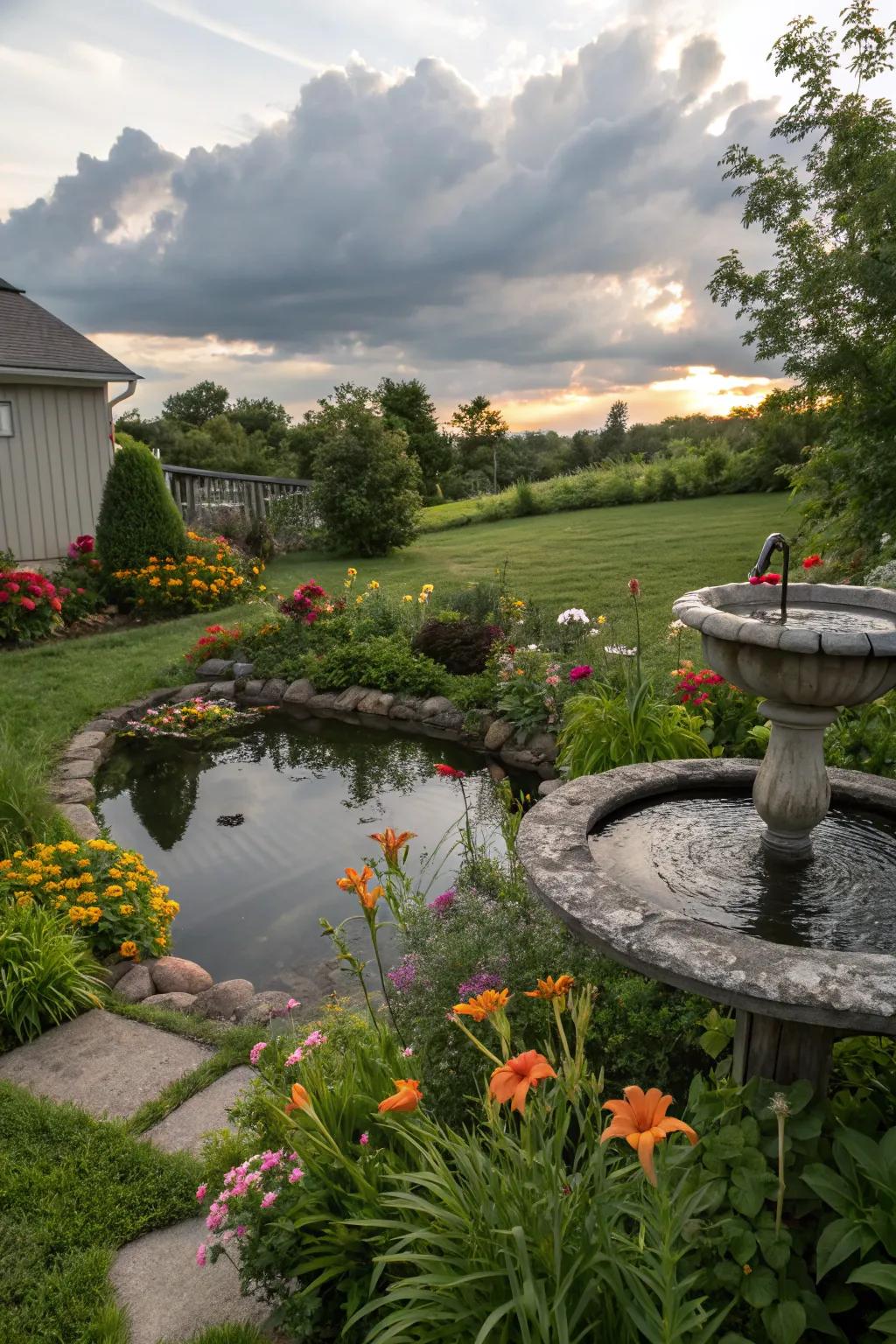 A peaceful garden pond with a birdbath.