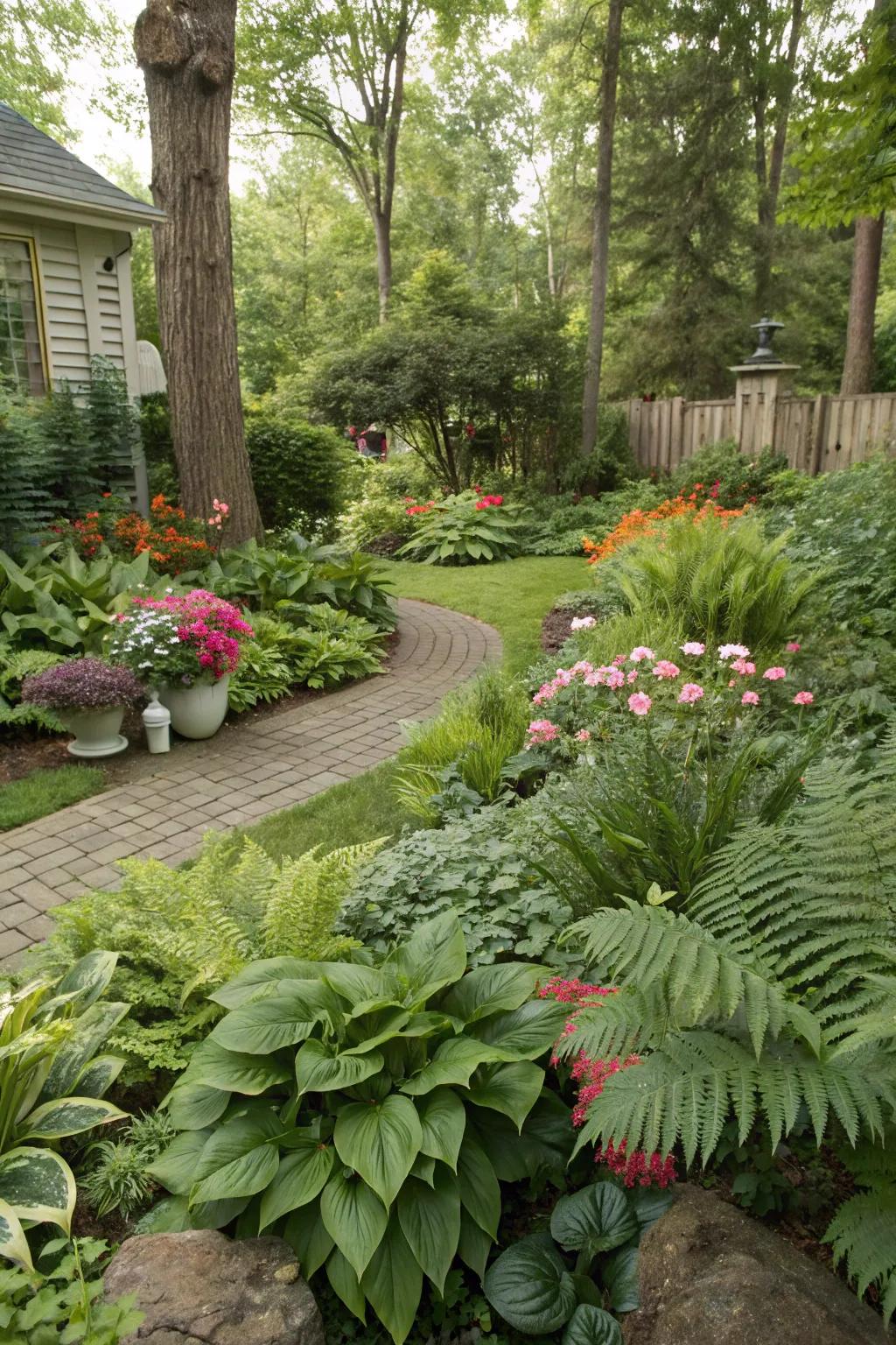 Lush greenery offers a calming contrast to vibrant blooms.