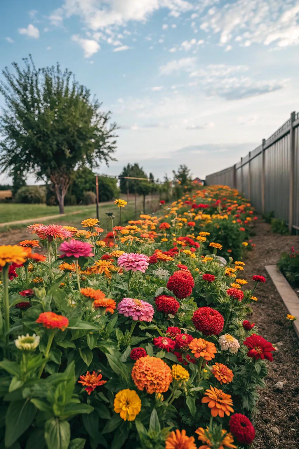A vibrant flower bed bursting with colorful zinnias and marigolds.