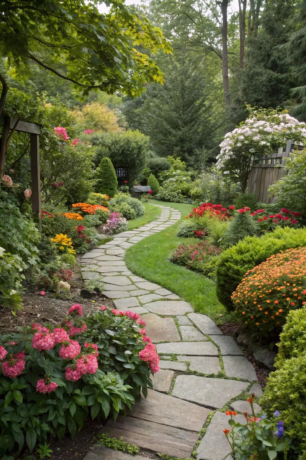 A charming stone pathway weaving through the garden.