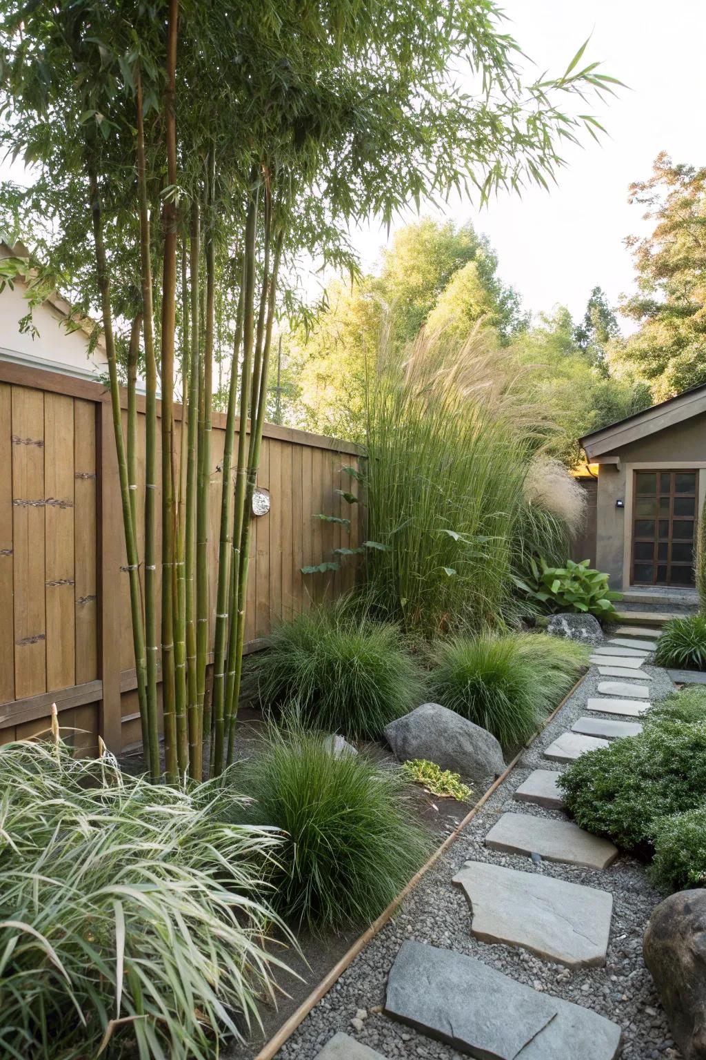 A tranquil Zen corner with bamboo and grasses.