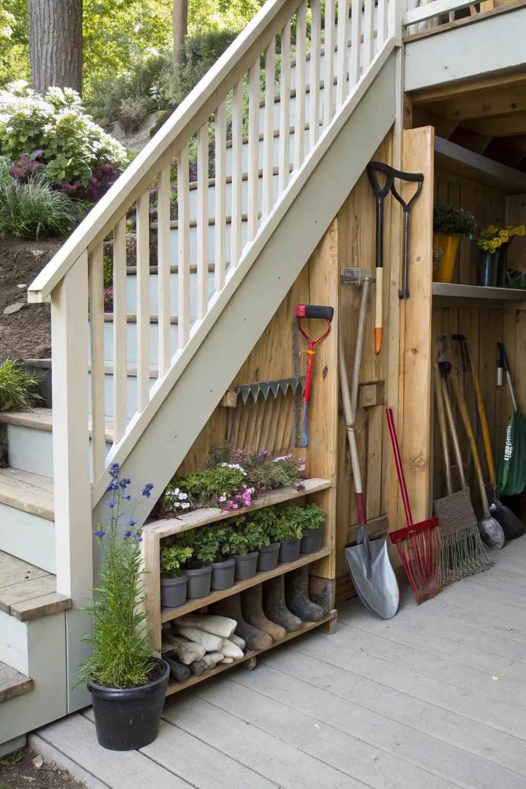 Efficiently arrange garden tools beneath outdoor stairs.