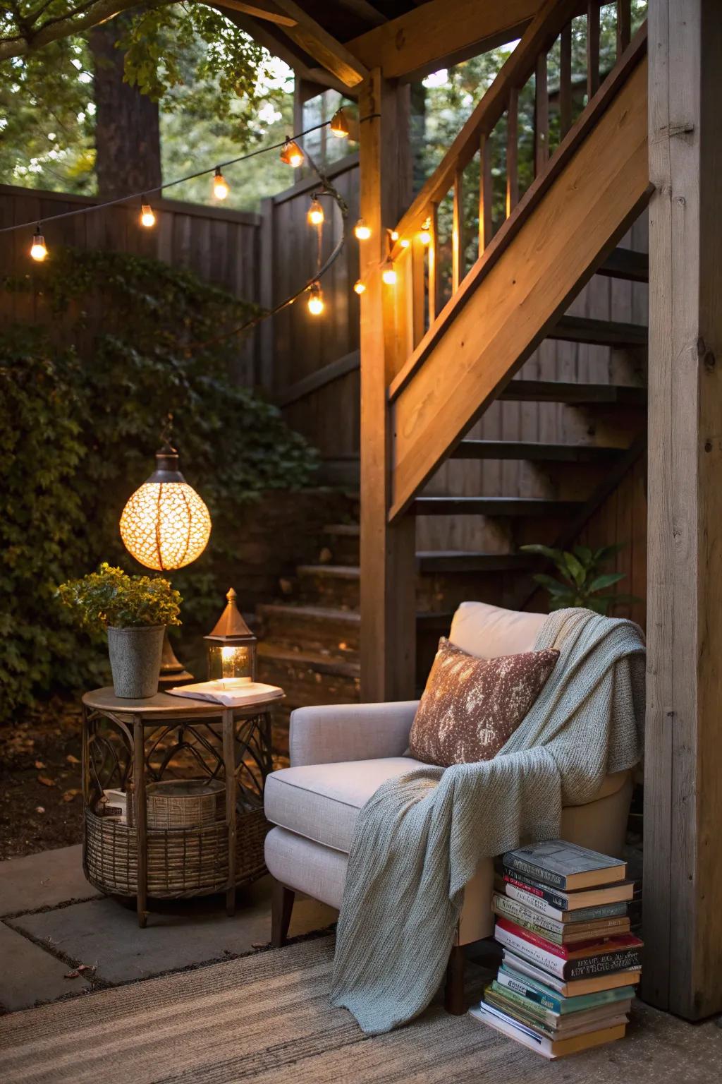 Craft a peaceful outdoor reading corner beneath the stairs.