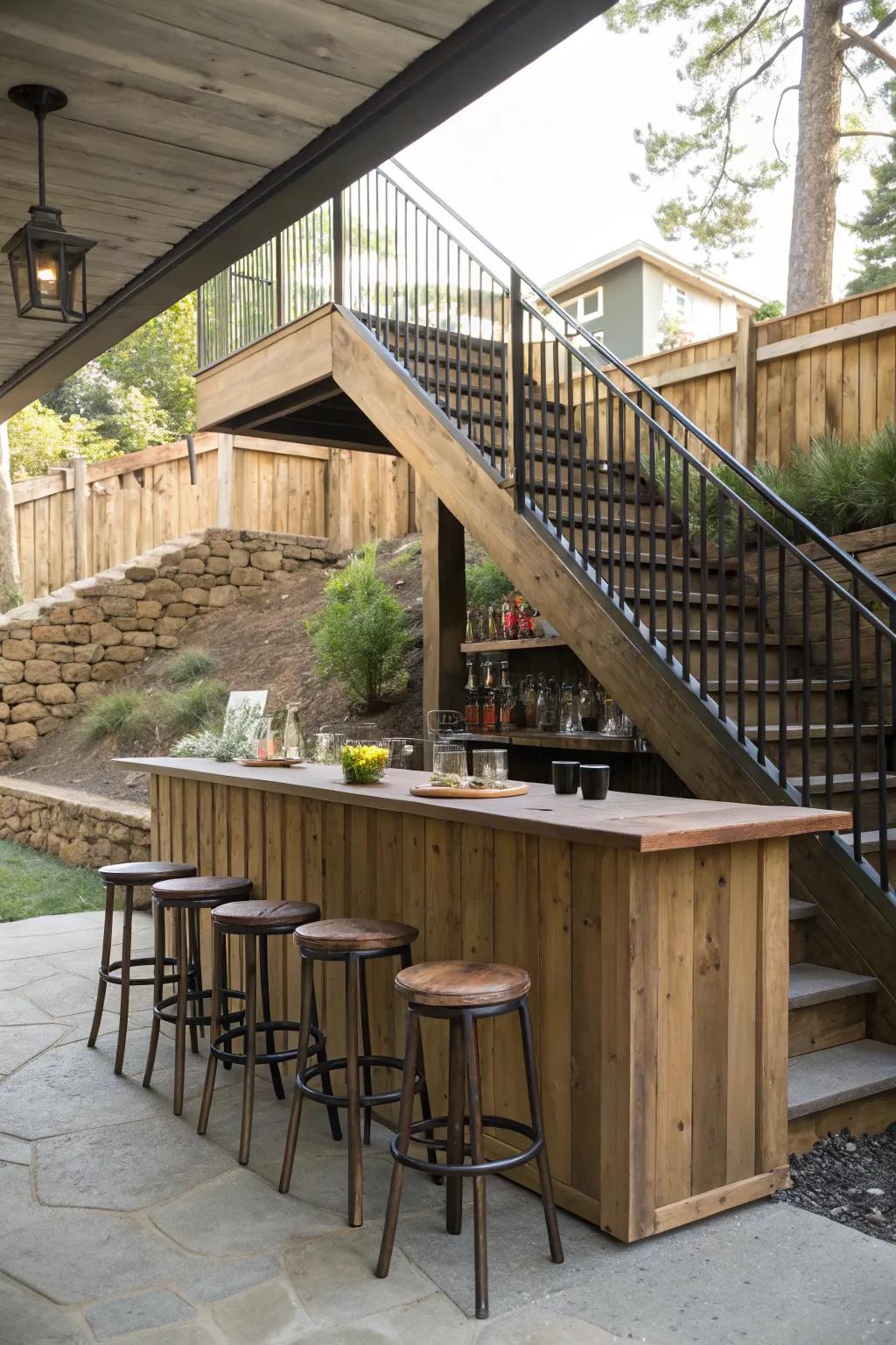 Host memorable moments with a stylish outdoor bar beneath your stairs.