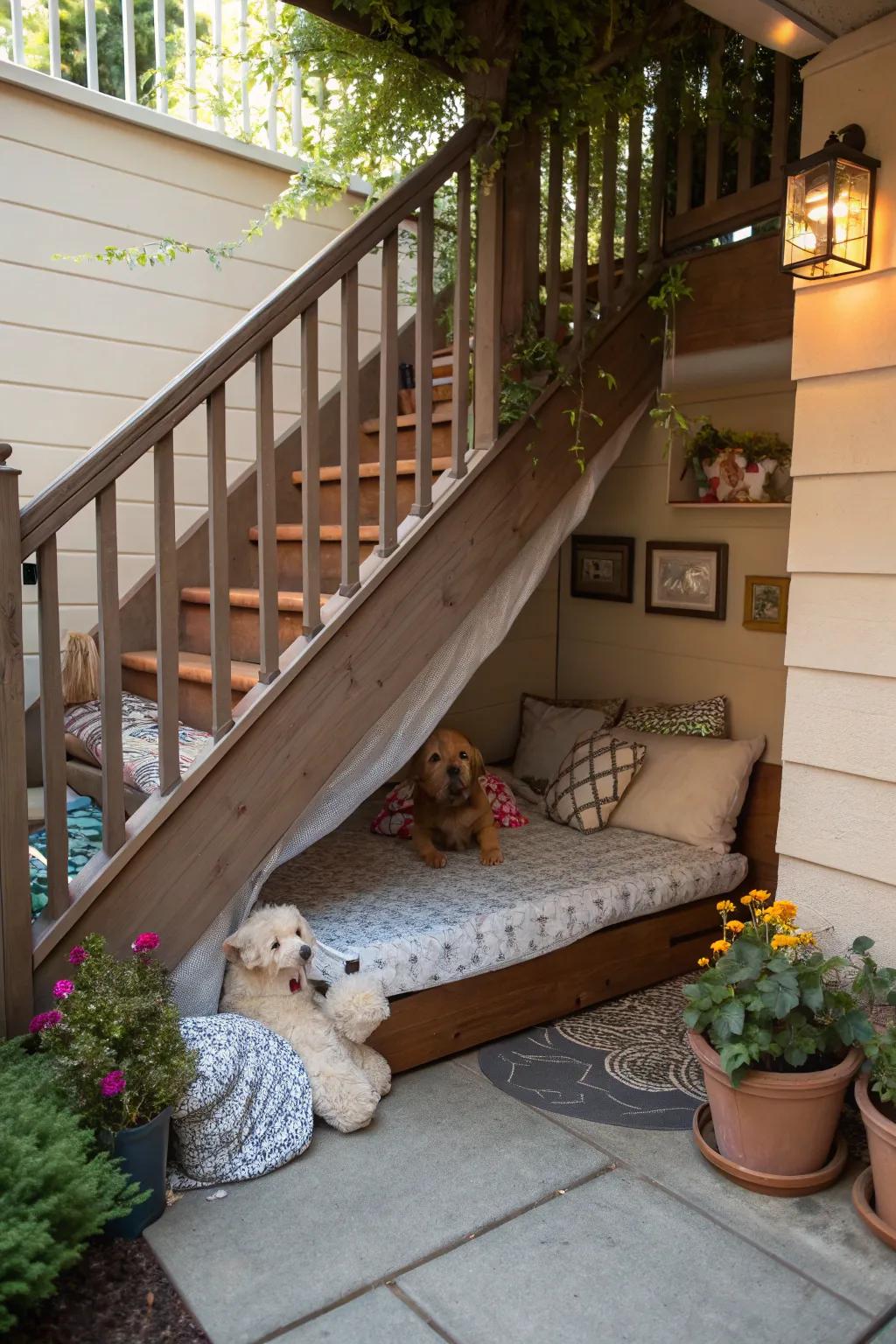 Design a comfy and private pet nook under your outdoor stairs.