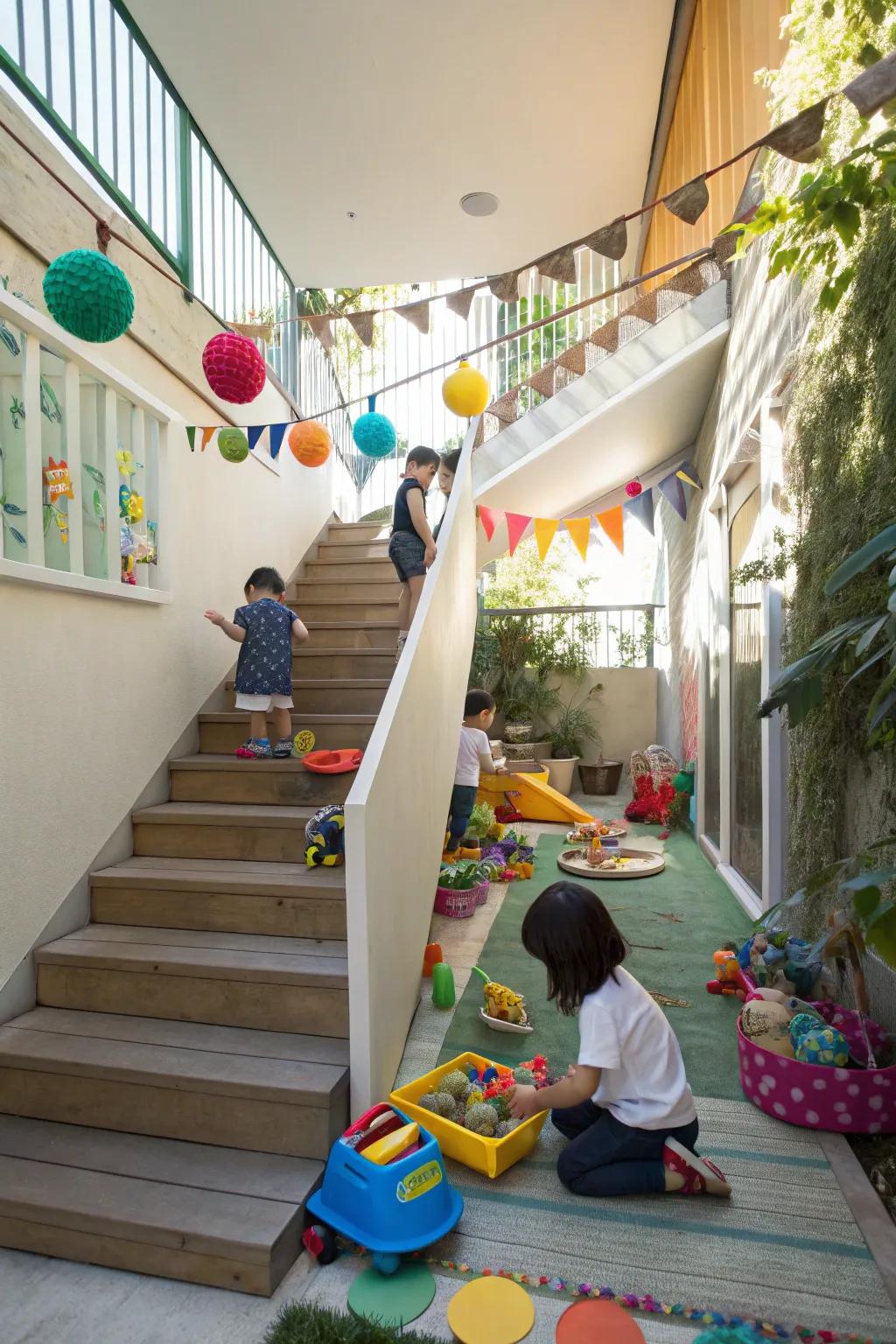 Delight children with a hidden play zone beneath outdoor stairs.