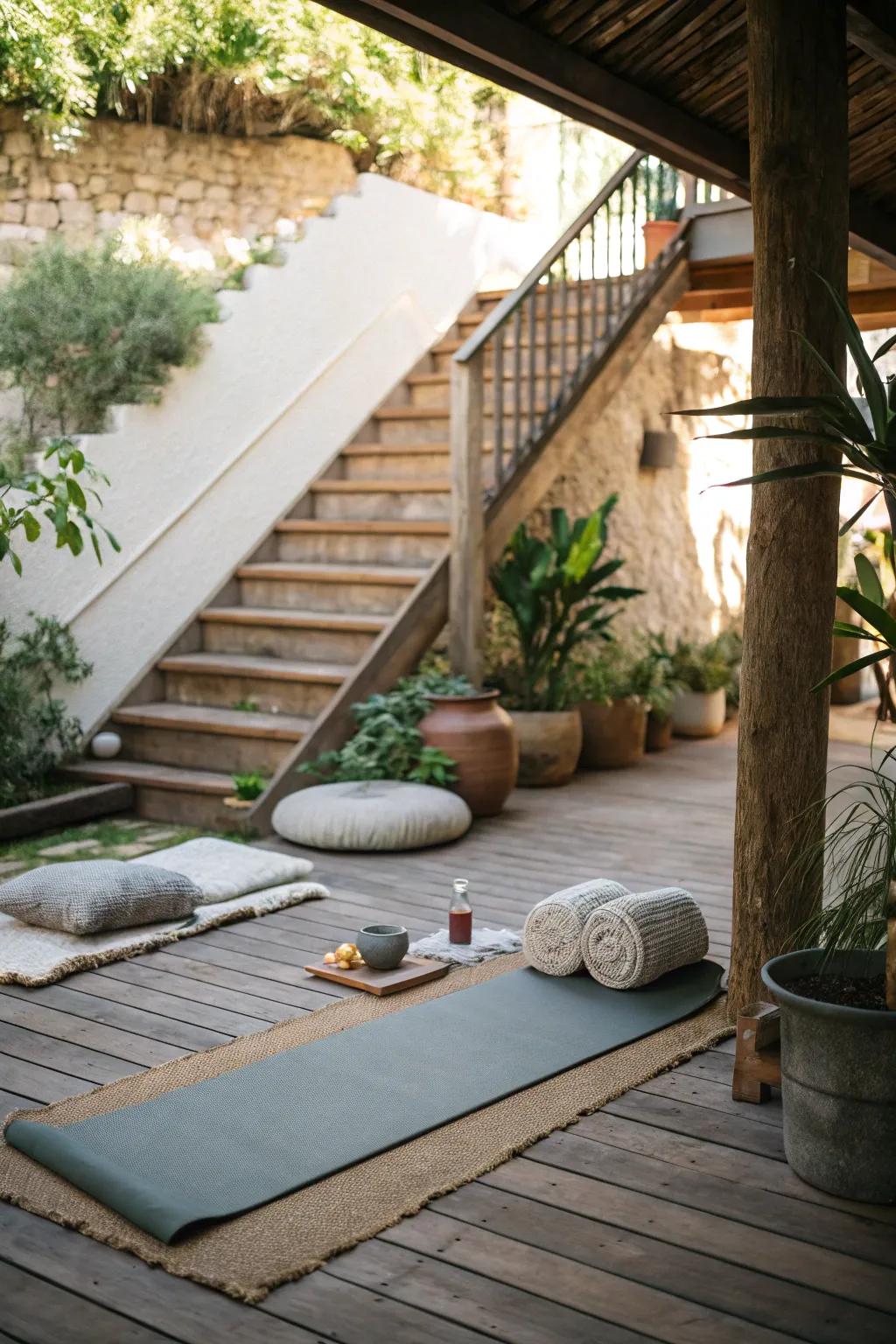 Establish a calm and refreshing yoga area under your stairs.