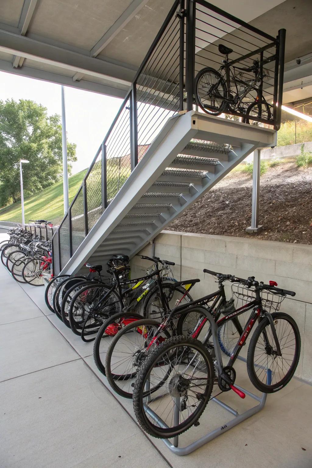 Save space with a bike storage system installed under your stairs.