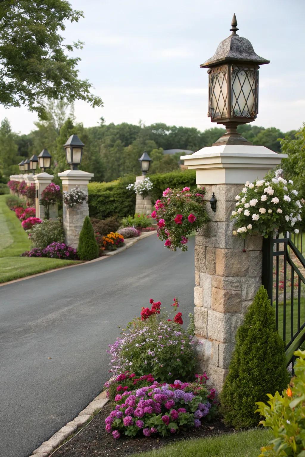 Charming decorative lanterns on driveway posts.