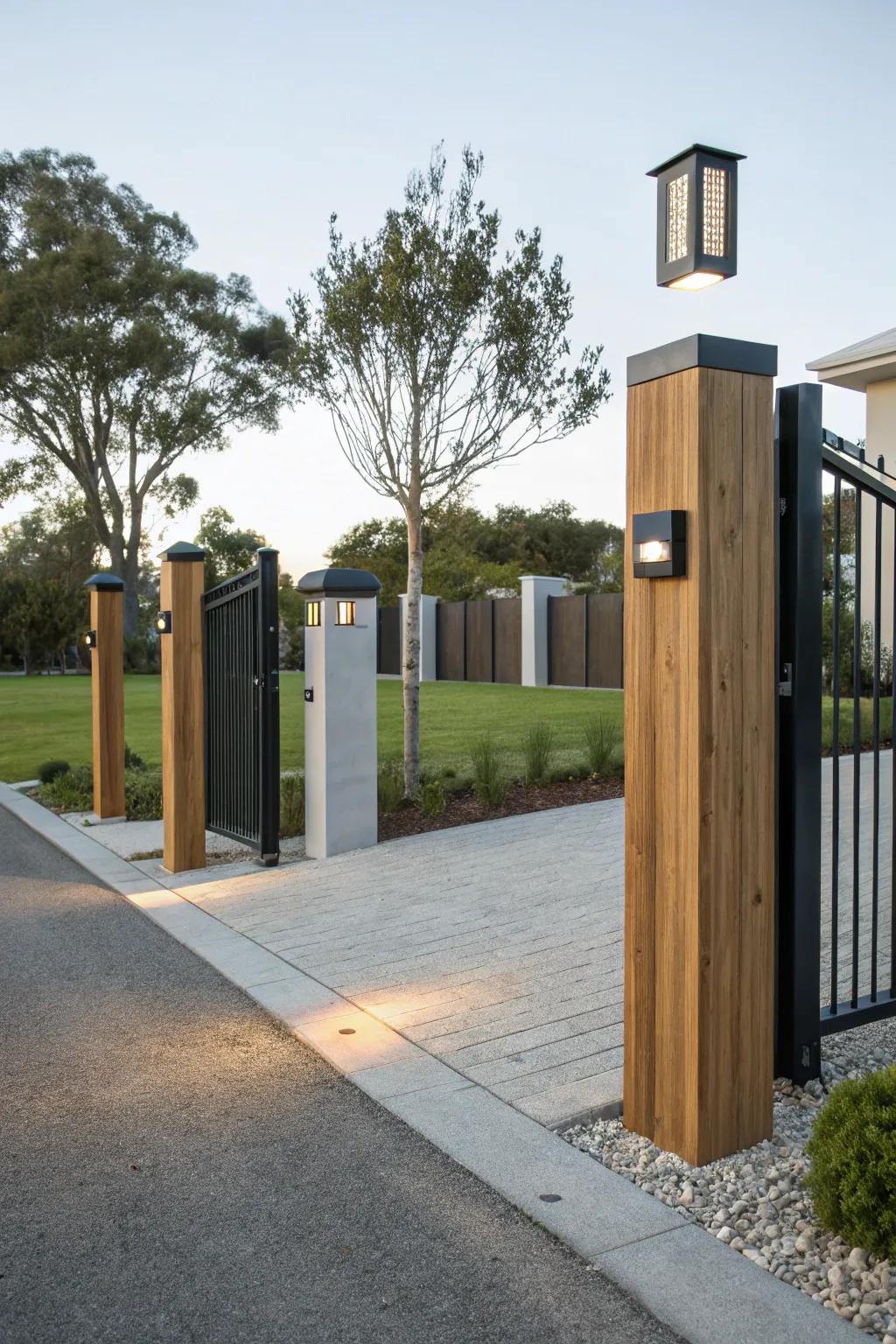 Contemporary edge with mixed material driveway posts.