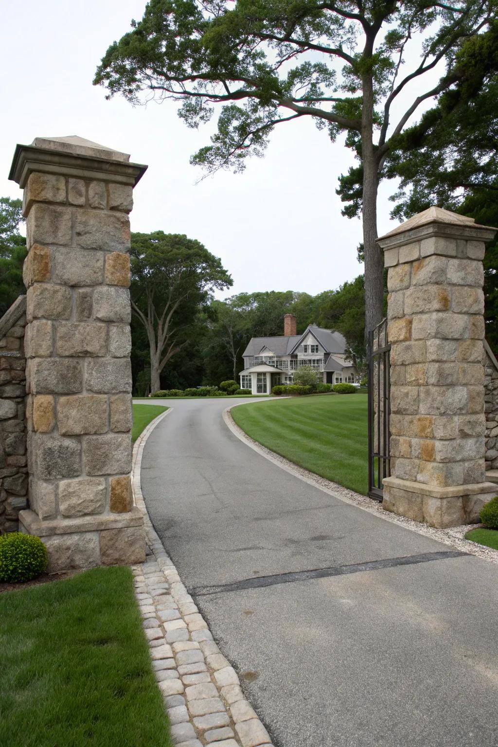 Timeless elegance with stone pillars at the driveway entrance.