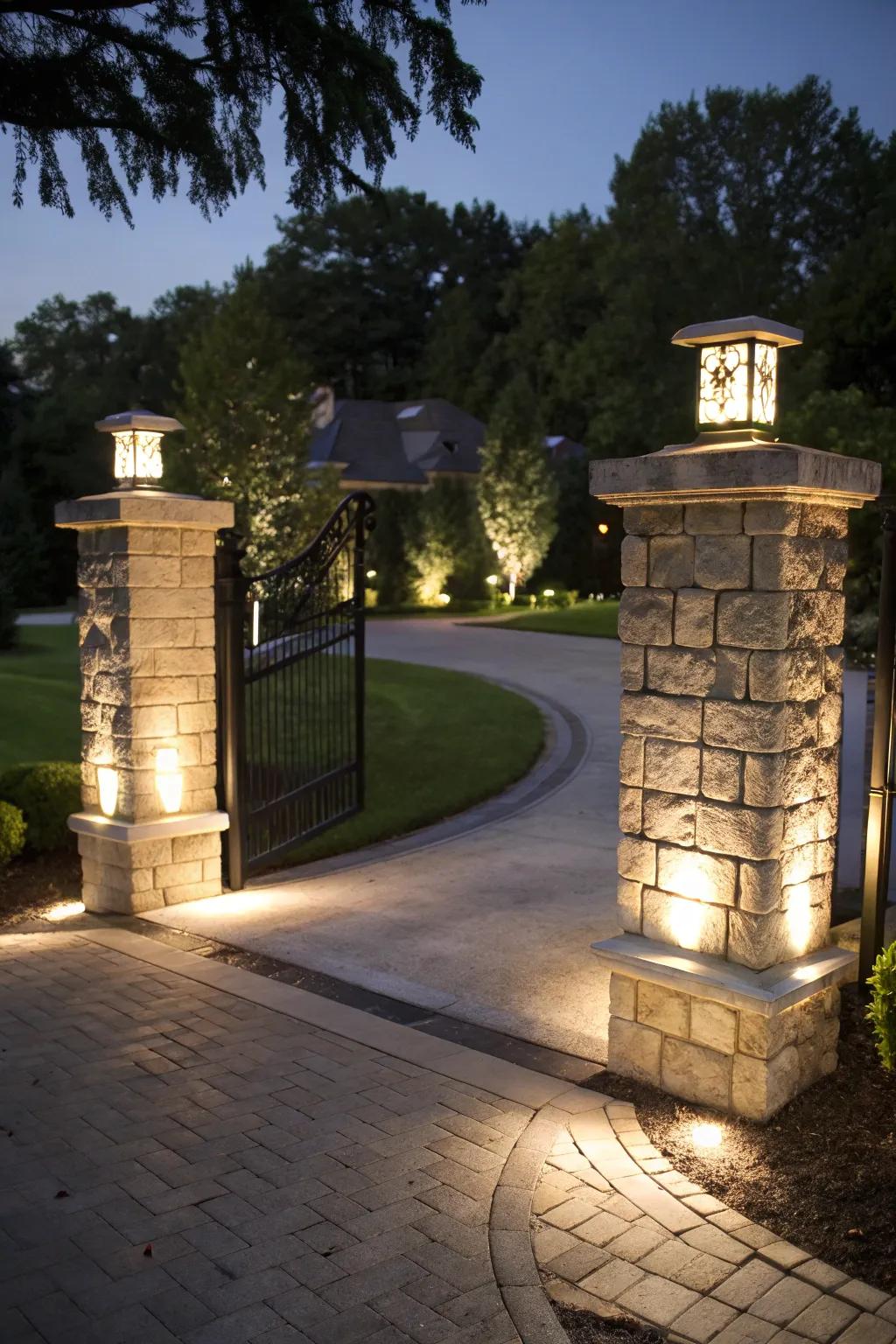 Integrated lighting adds a magical glow to driveway stone pillars.