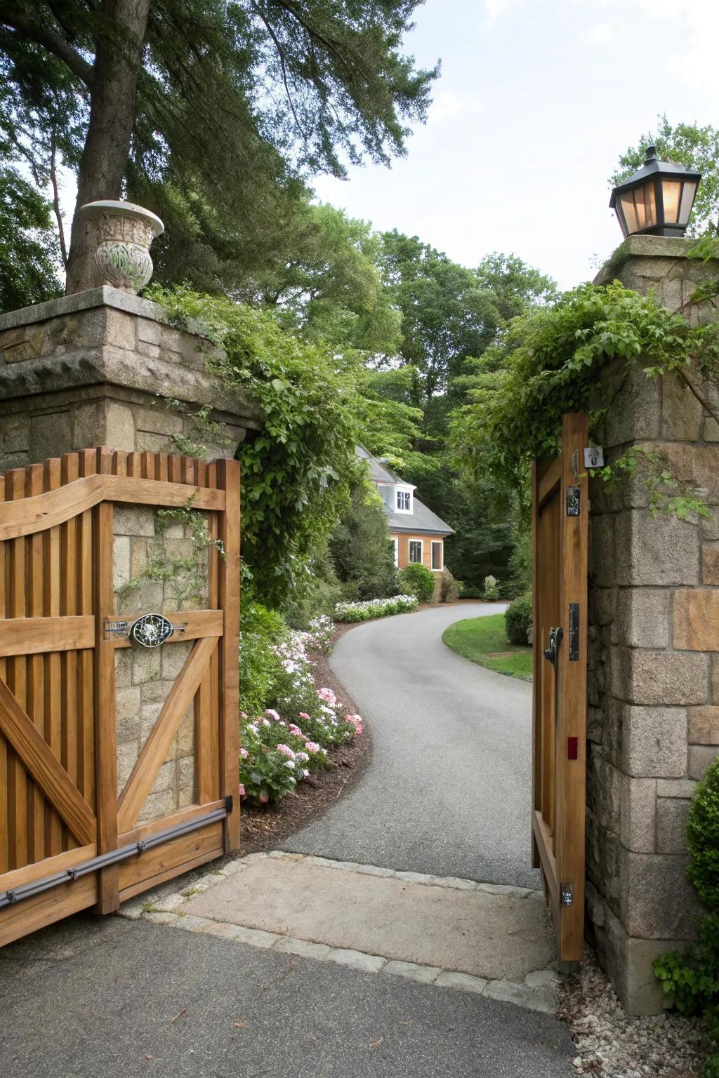 Wooden gates paired with stone pillar posts for added privacy.