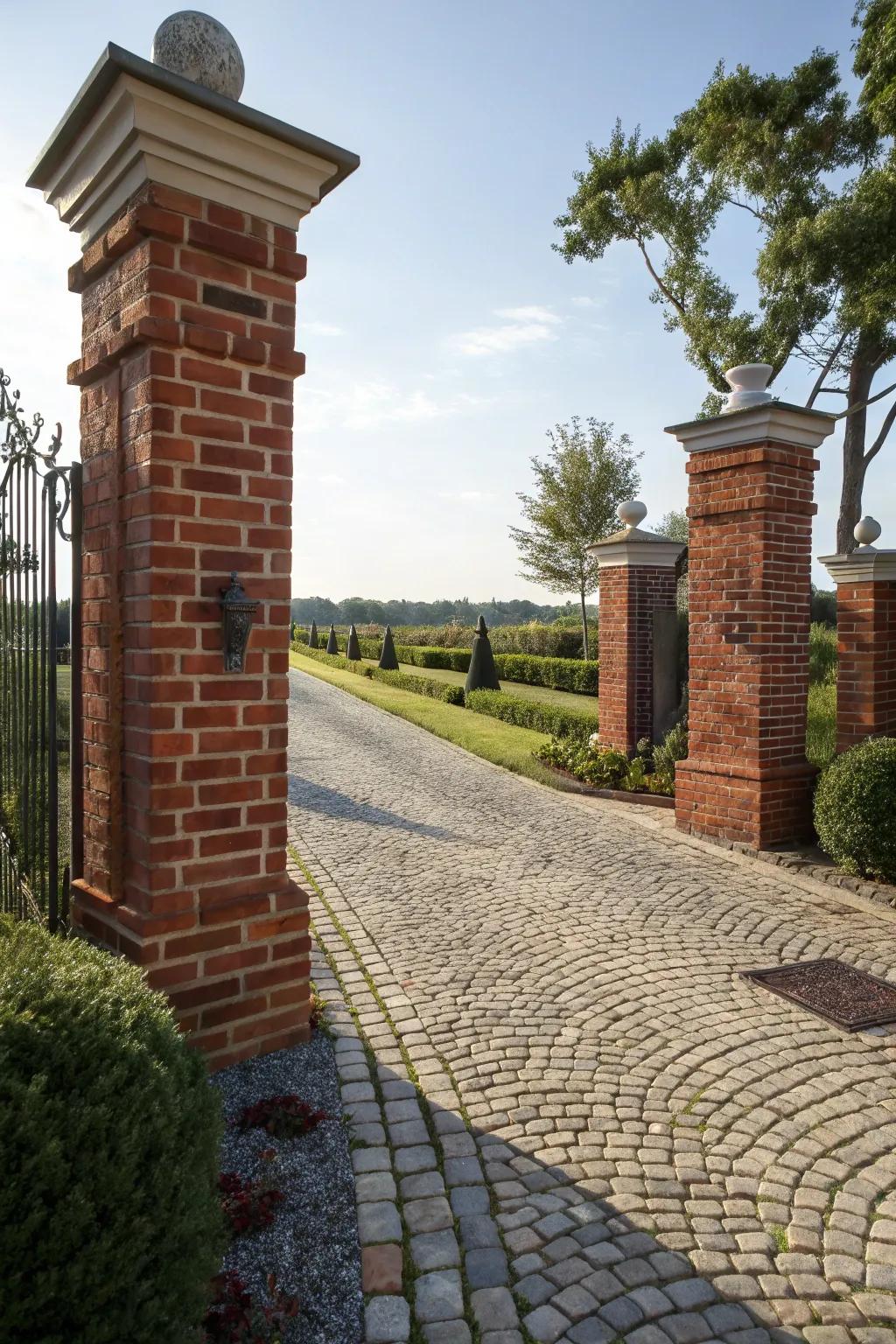 Classic appeal with red brick columns at the driveway entrance.